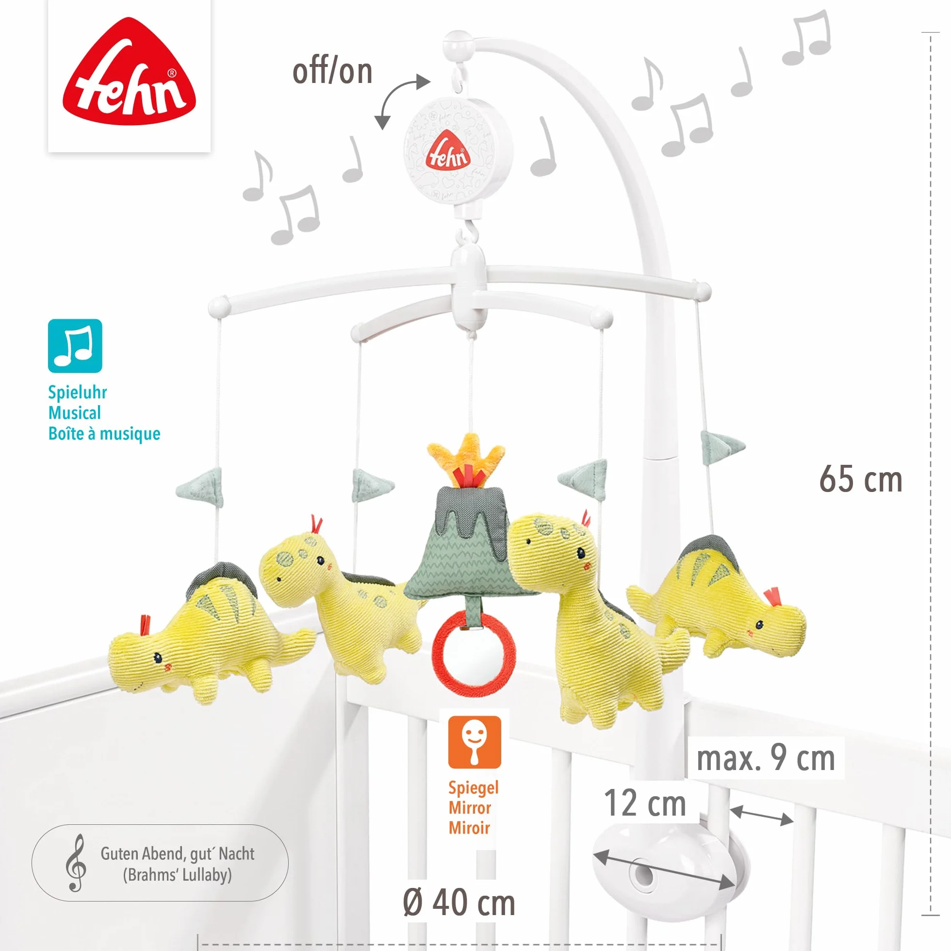 Fehn Musik-Mobile Happy Dino – Aufzieh-Mobile mit Spieluhr-Melodie „Brahms Wiegenlied“ und Figuren zur Beruhigung & Beschäftigung – Mit Bett-Befestigung für Babys von 0-5 Monaten