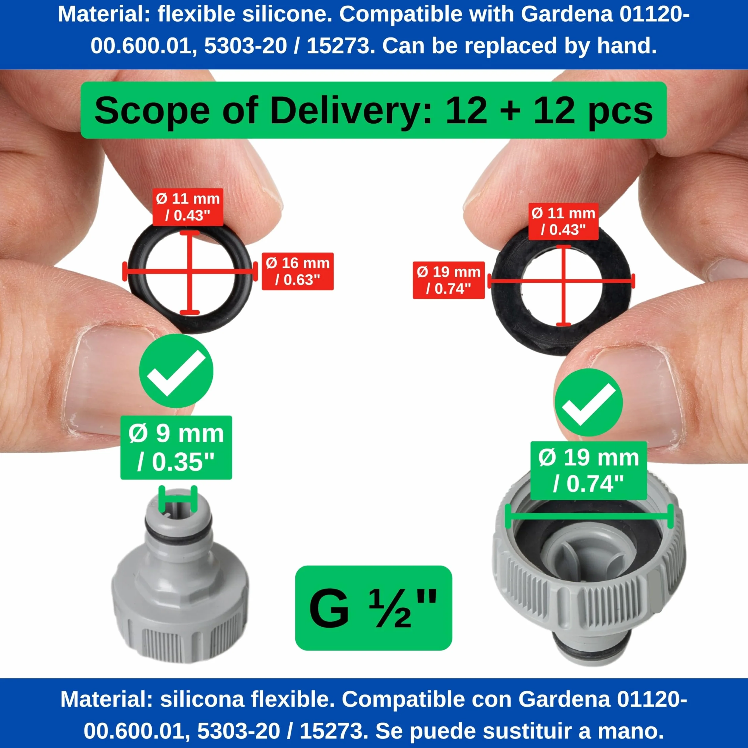 Zestaw uszczelek zamiennych, 24 sztuki, do G 1/2 cala części systemowych, kompatybilny z łącznikami kranowymi Gardena 21 mm, 18240, 18220, 15273, z silikonu, Ø 16 x 11 o-ringów i 19 x 11 mm uszczelek