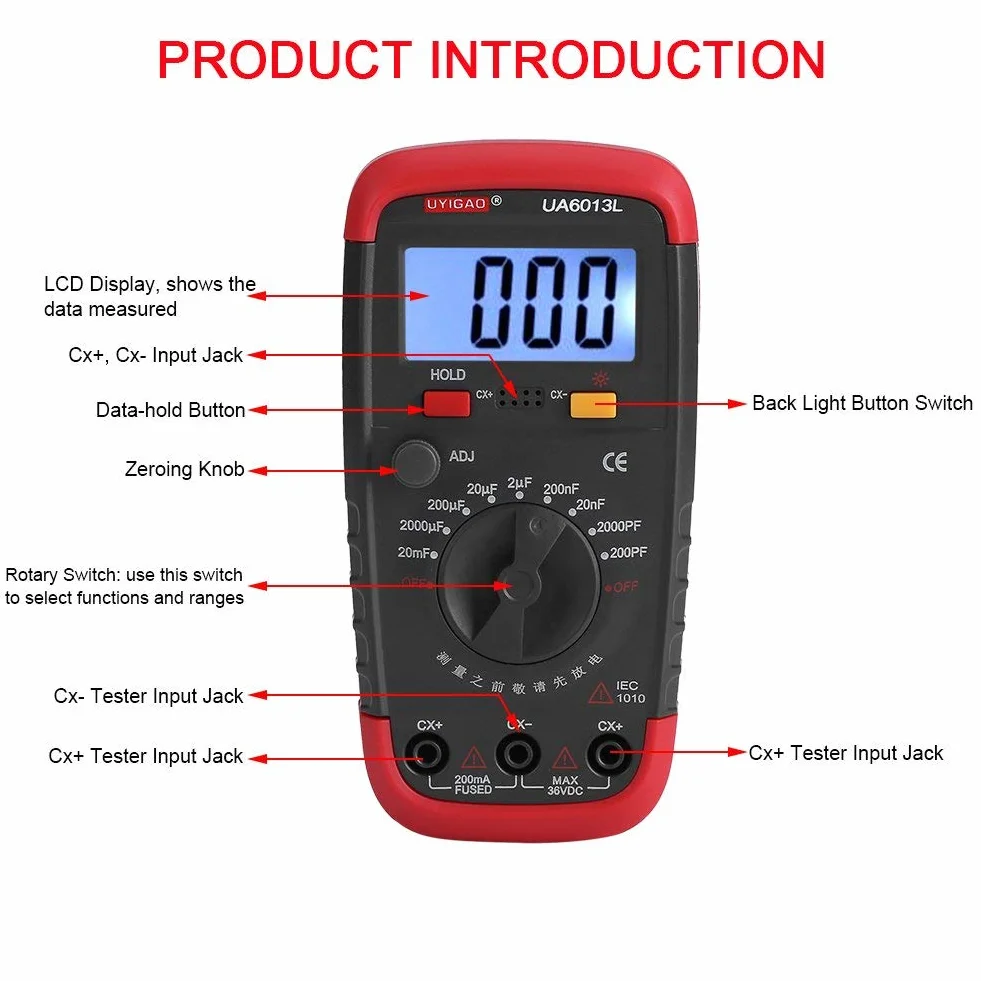 Cyfrowy miernik pojemności , tester kondensatorów Pro 0,1 pF - 20 000 uF z podświetleniem LCD, maks. 1999 r