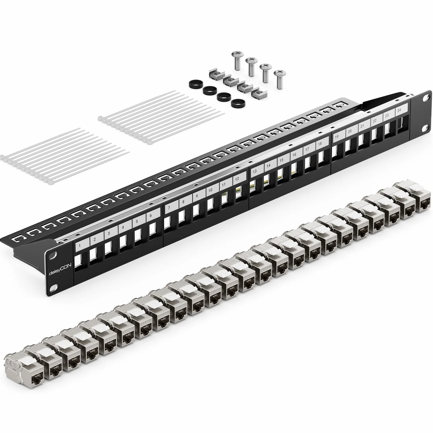 deleyCON 24 Portów Zestaw Paneli Krosowych CAT7 Pole Łatki Pole Dystrybucji Modułowy 1 HE 19" Calowy Montaż w Szafie + 24x CAT 7 Moduły Keystone RJ45 10 Gbit/s 600 MHz Kabel do Układania Czarny