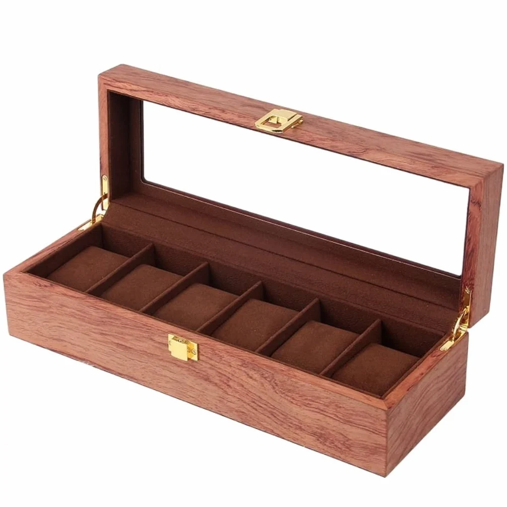 Pudełko na Zegarki Szkatułka na Zegarki Drewniane Pudełko Na Zegarek Case Organizer Uchwyt Na Zegarek Do Zegarków Mężczyźni Organizer Na Biżuterię Box 6 Slotów Drewniane Pudełko Z Przezroczystym Szkłe