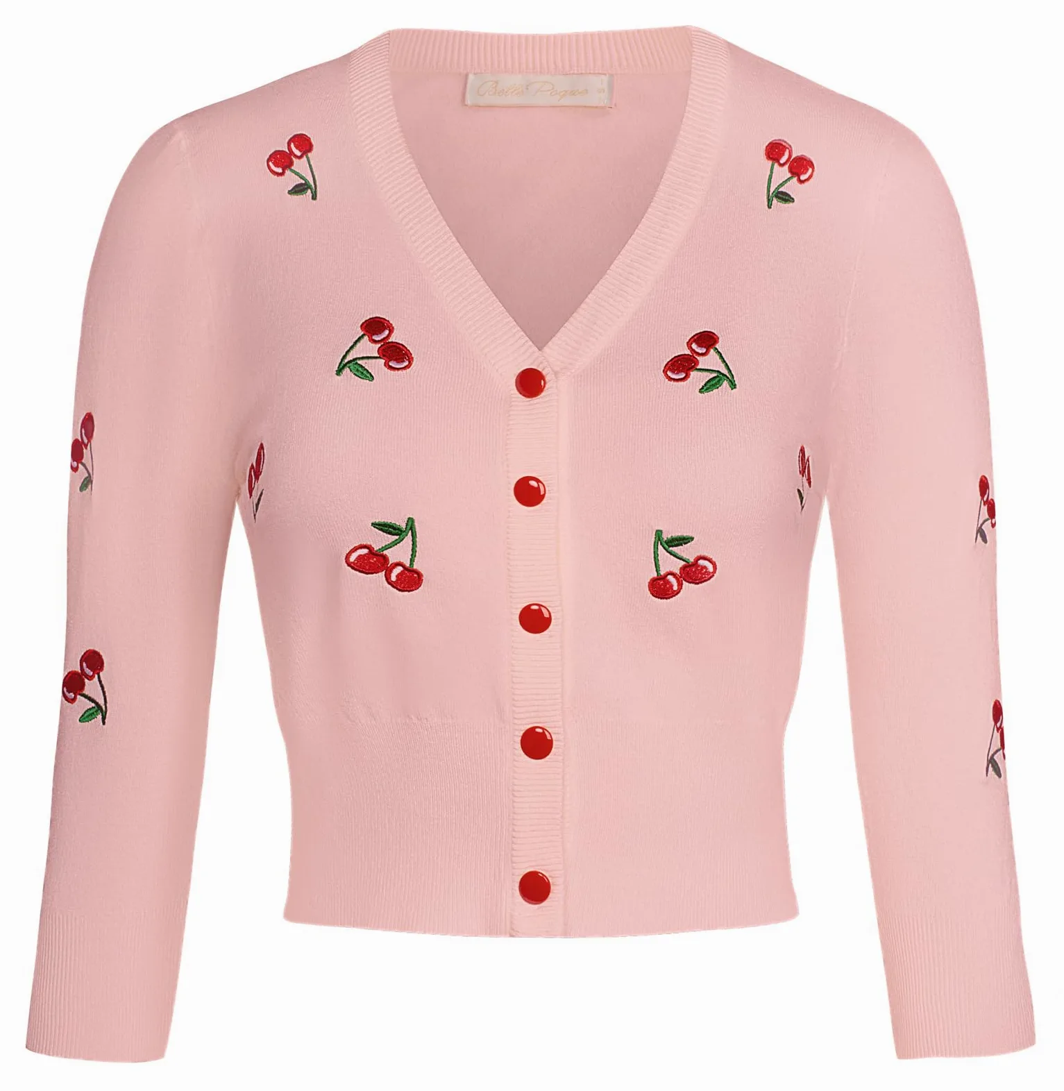 Belle Poque damski sweter w stylu vintage, lata 50. wiśniowy haft, rękaw 3/4, dziergane okrycie wierzchnie, bolero Shrug Cover Up GF609