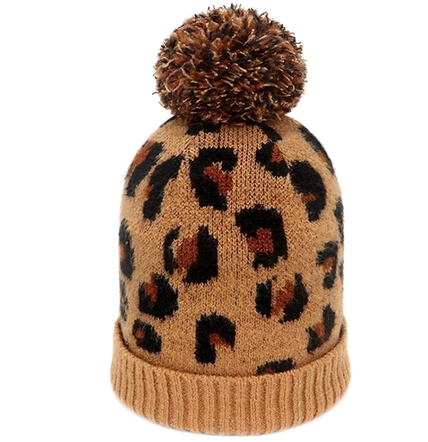 Czapka Beanie Czapka zimowa damska z dzianiny w panterkę, ciepła i miękka, narciarska z pomponem (rozmiar uniwersalny)