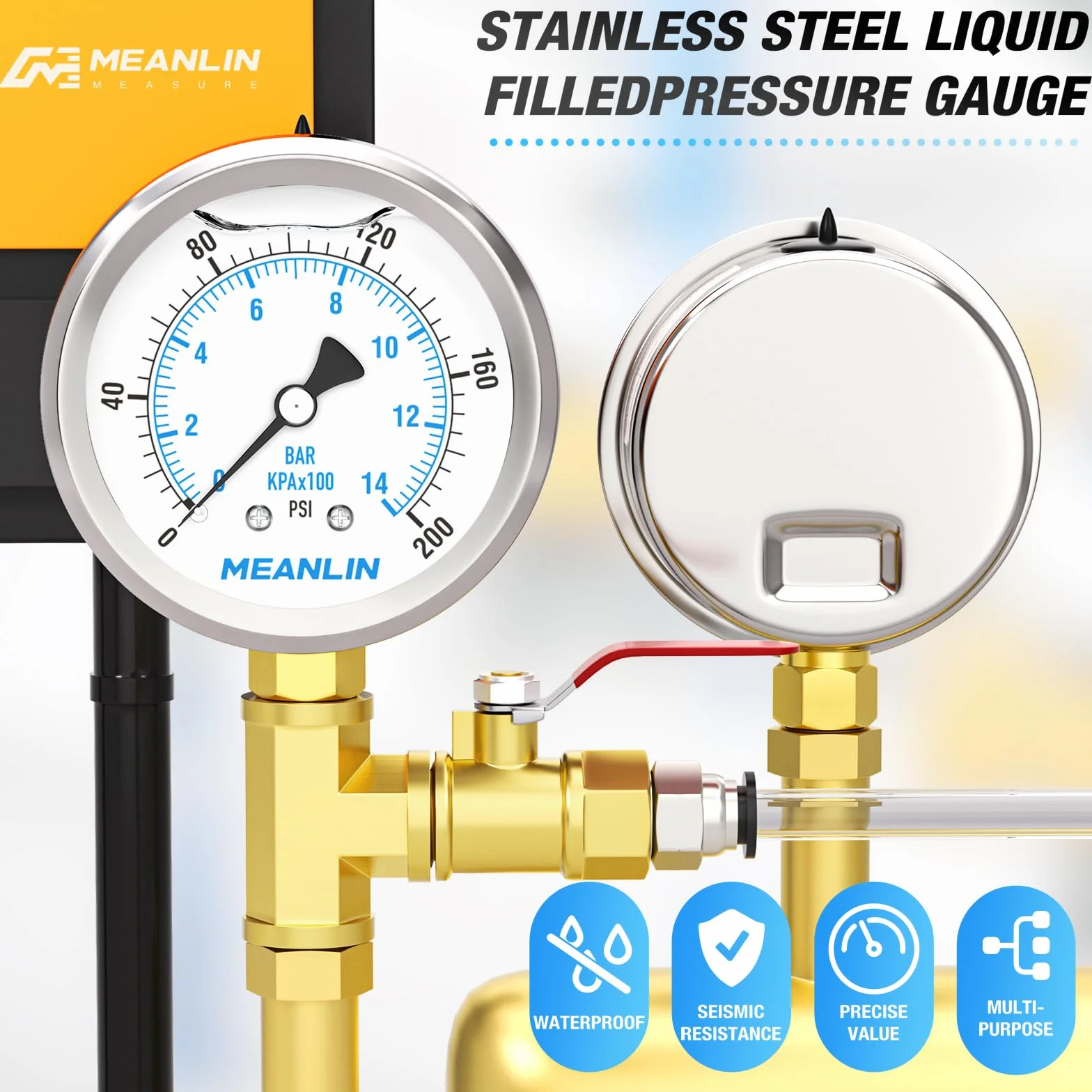MEANLIN MEASURE 0~14 BAR/0~200 PSI manometr napełniony płynem, stal nierdzewna 1/4" BSP 2,5" FACE DIAL, WOG część dolna, z gniazdem sześciokątnym 1/4"x 1/2" BSP i 1/4"x 3/8" BSP