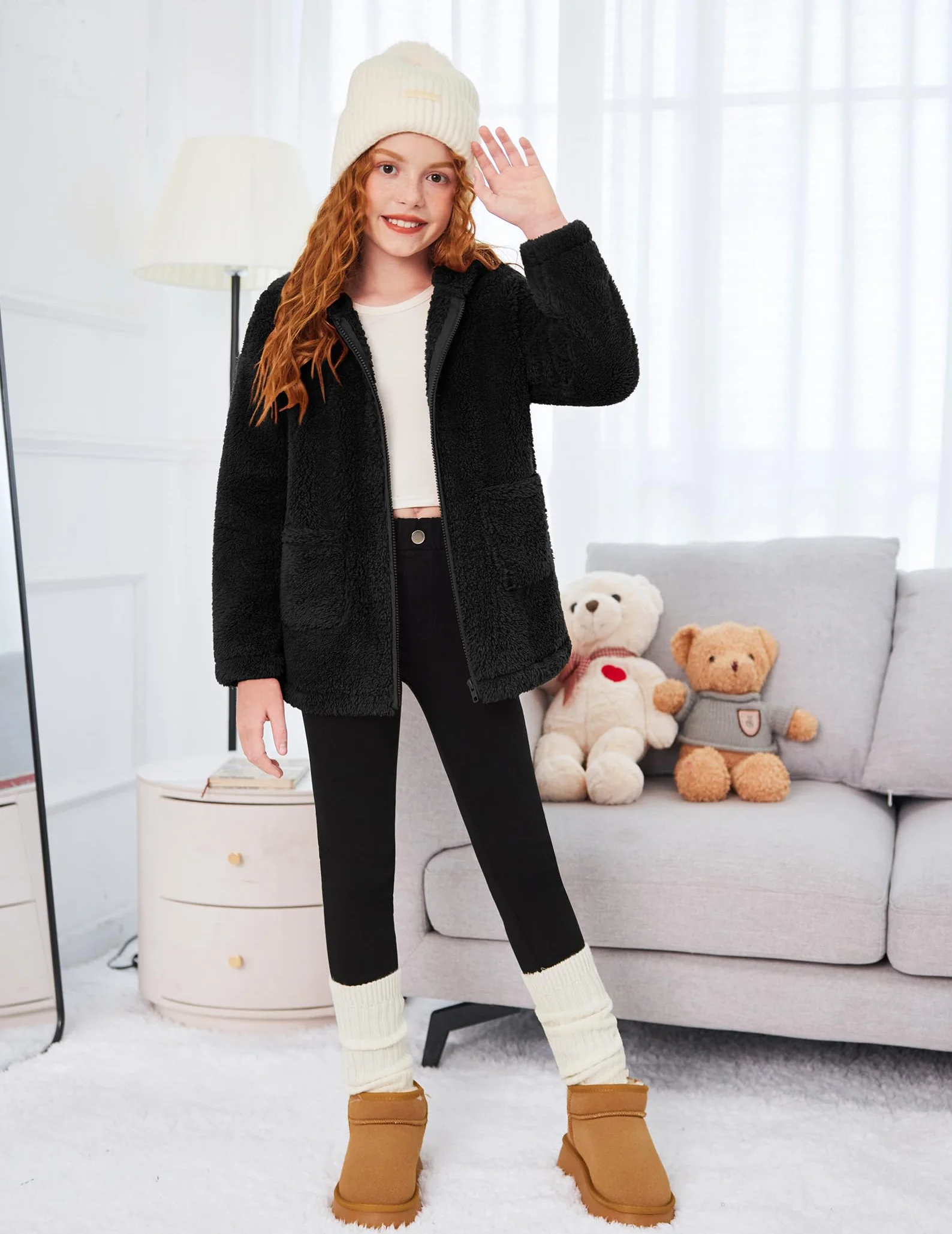 Arshiner Dziewczęca bluza z kapturem z zamkiem Sherpa polarowa kurtka dziecięca z długim rękawem bluza jesienno-zimowa ciepłe płaszcze dziecięce z kieszeniami 5-13 lat
