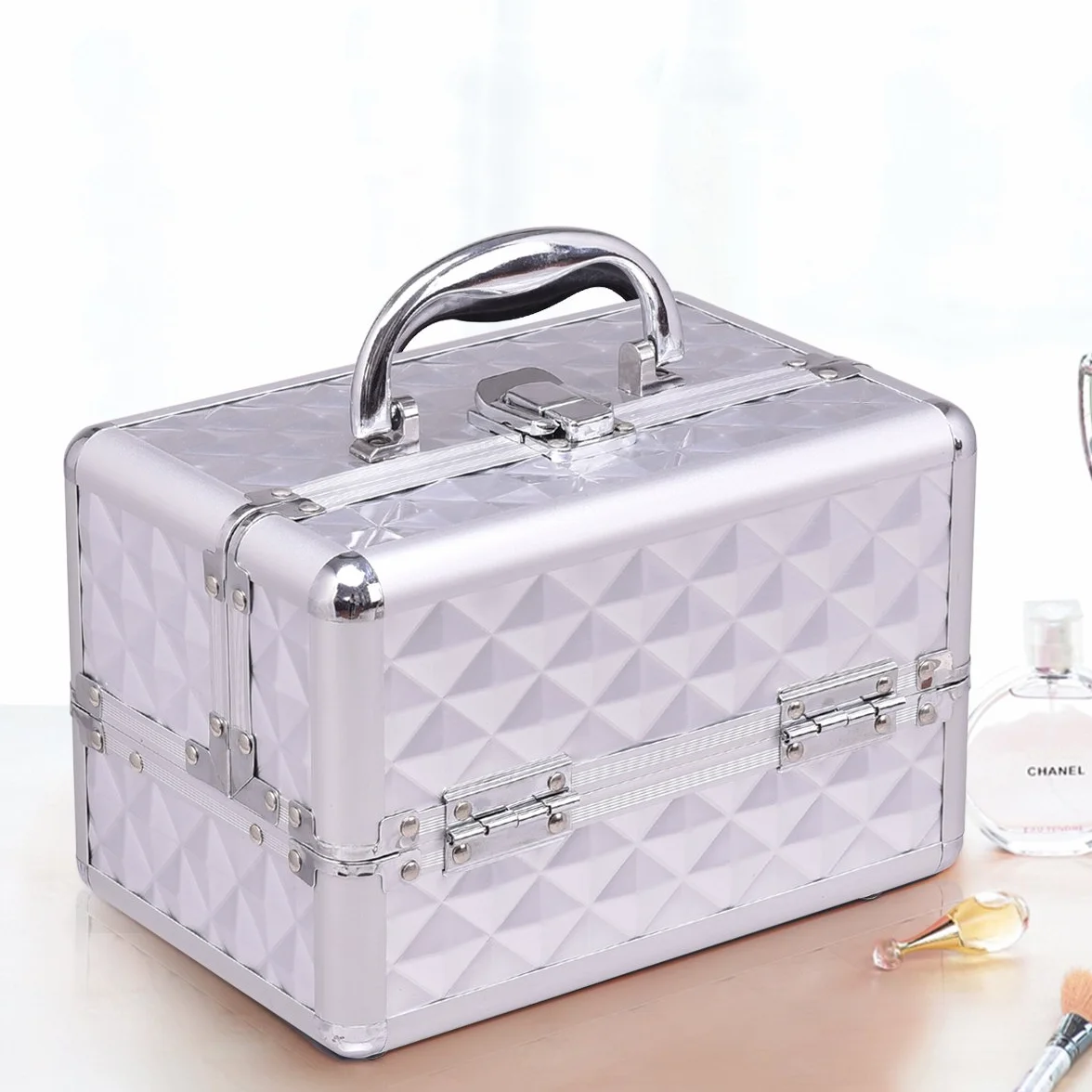 COSTWAY kuferek kosmetyczny Beauty Case z lustrem, srebro, 23 x 15 x 18cm