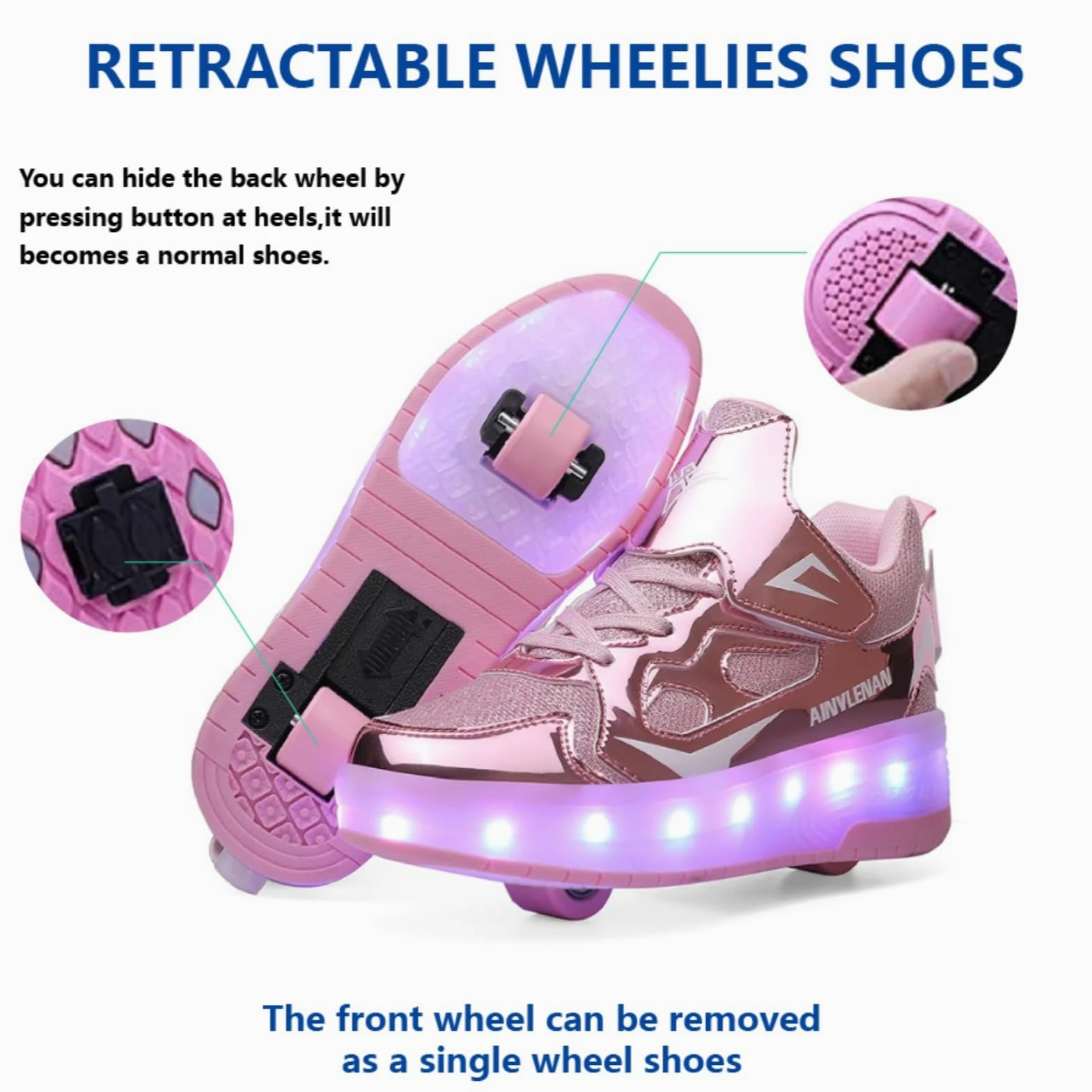 Dziecięce sneakersy, 2-wiel skateboard schoenen, verstelbaar kleurveranderend licht, USB-oplaadbaar, universeel voor jongens en meisjes, zwart, roze, goud, zilver, maat 27-40 EU
