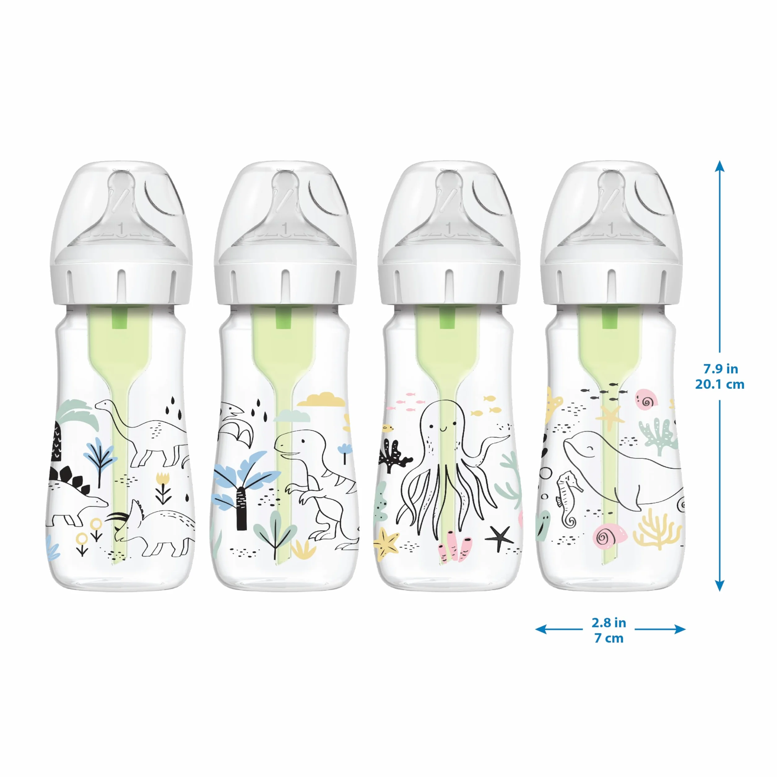 Dr. Brown's Natural Flow Anti-Colic Options+ Butelki z szeroką szyjką, 270 ml, ze smoczkiem poziomu 1, zestaw 2 szt., wzór dinozaura