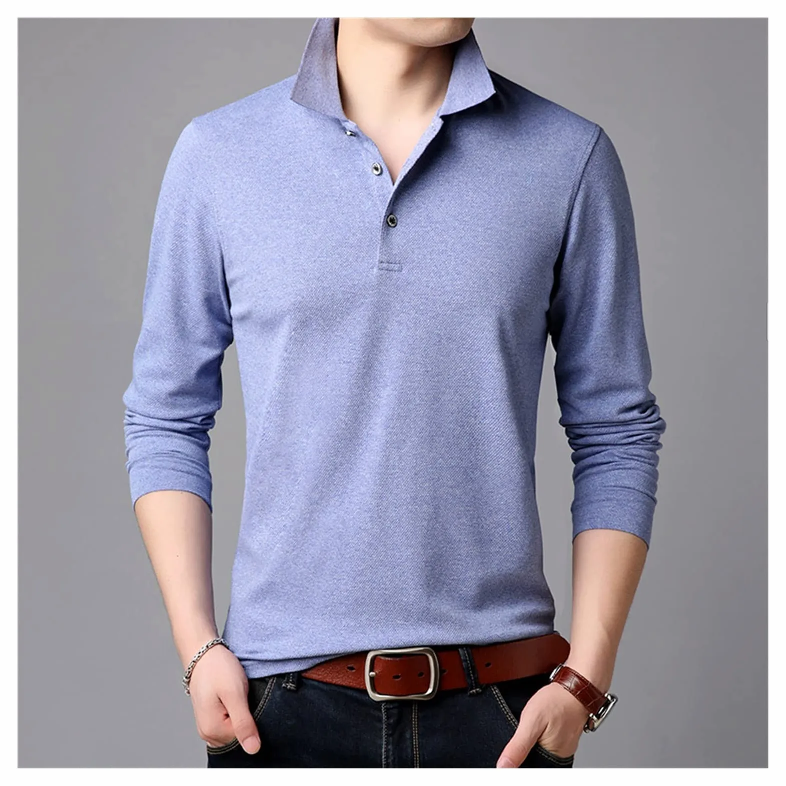 Koszula męska Jednokolorowa, z długim rękawem, slim fit, koreańska chłopięca koszulka polo, Casualowa odzież męska (kolor: A, rozmiar: kod XL) (kod A 3XL)