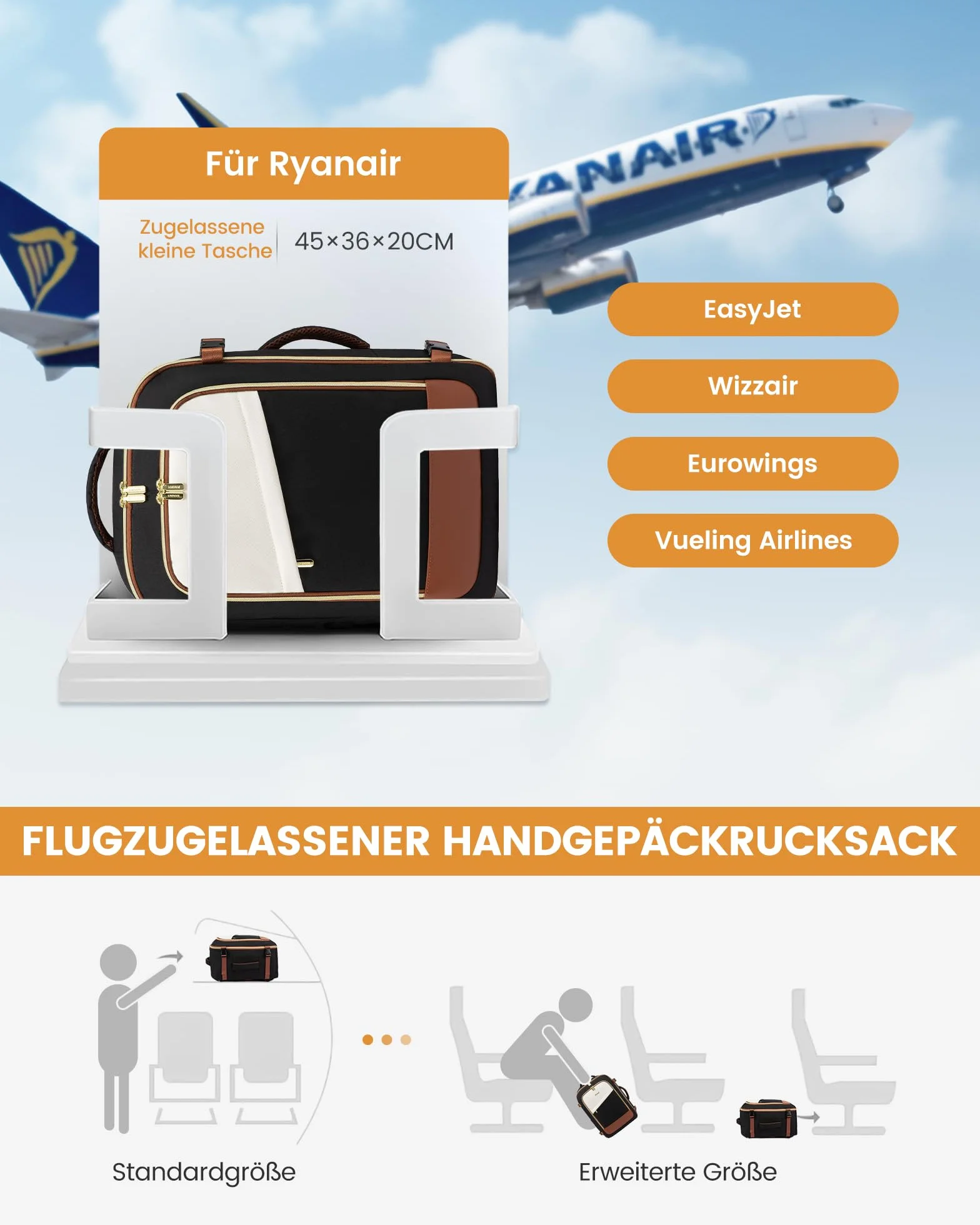 LOVEVOOK Bagaz Podreczny Dla Ryanaira, Plecak Podrozny Dla Kobiet I Mezczyzn Z Zabezpieczeniem Antykradziezowym, Torba Kabinowa Dla Eurowings I Wizz Air