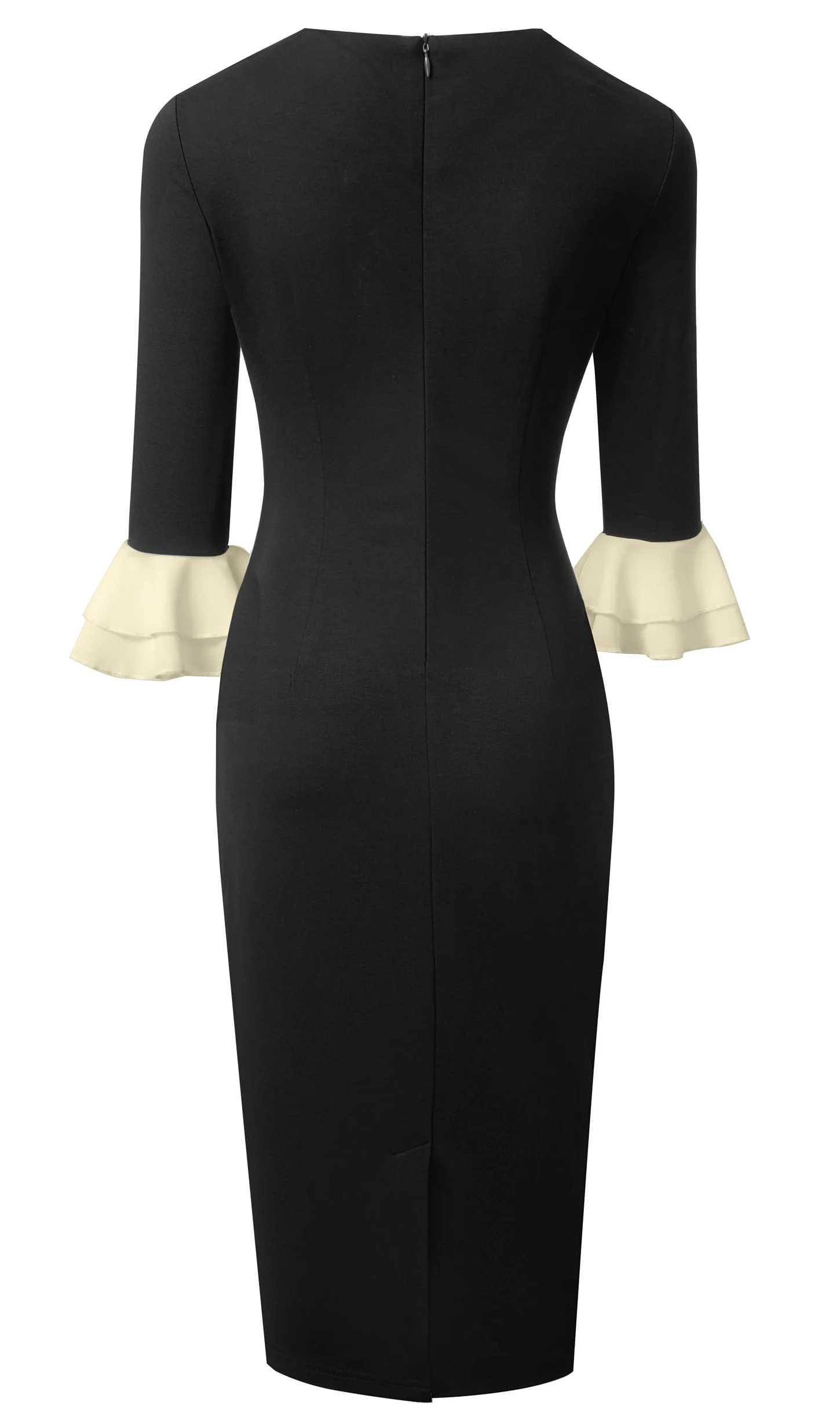 HOMEYEE Damska sukienka ołówkowa z okrągłym dekoltem 3/4 rękawy falbanki sukienka wieczorowa sukienka ołówkowa retro bodycon midi sukienka koktajlowa sukienka kopertowa B800