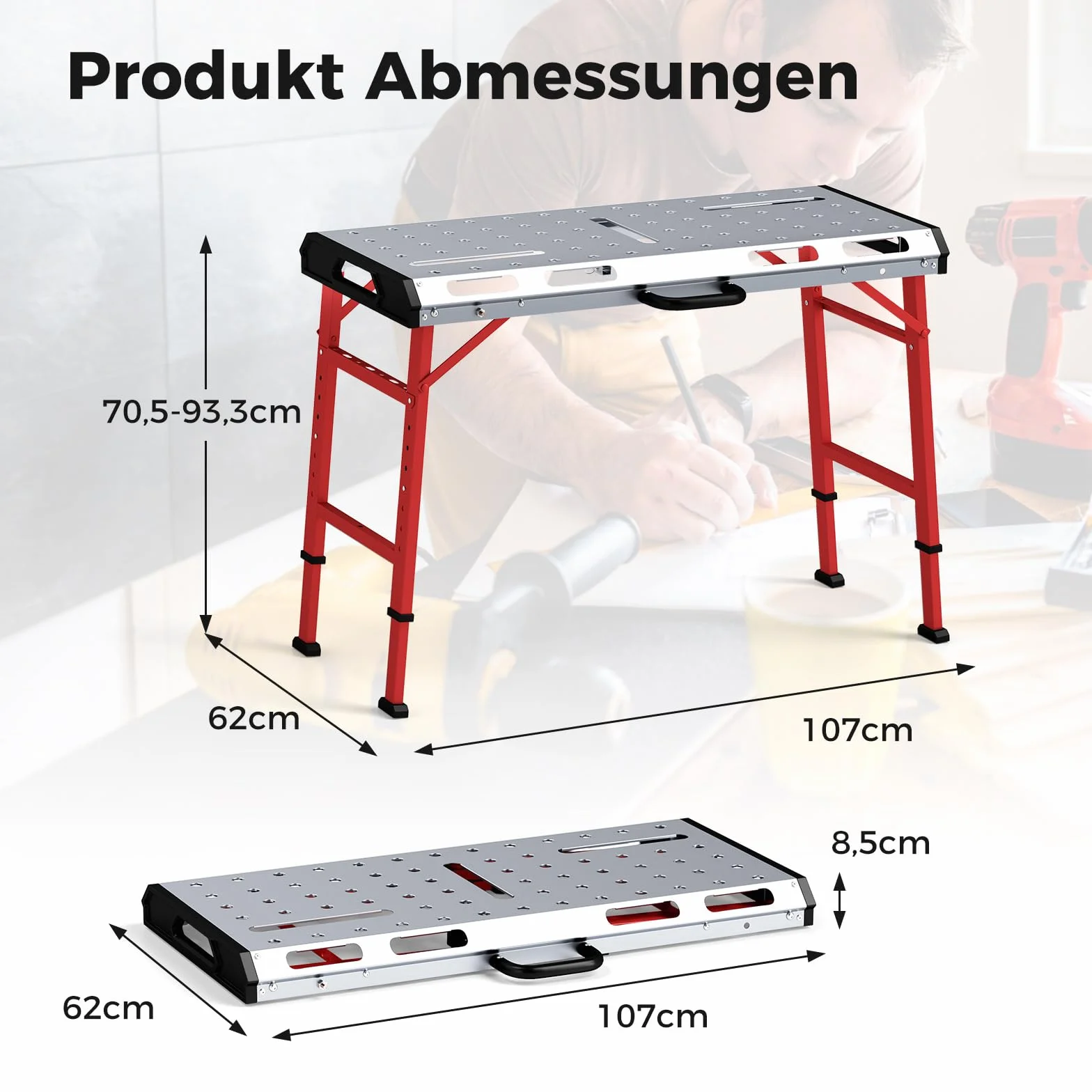 COSTWAY stół warsztatowy składany, stół roboczy z regulacją wysokości 107 x 53 cm z udźwigiem 450 kg, stół spawalniczy warsztatowy z 2 uchwytami zaciskowymi i uchwytem transportowym, stół narzędziowy