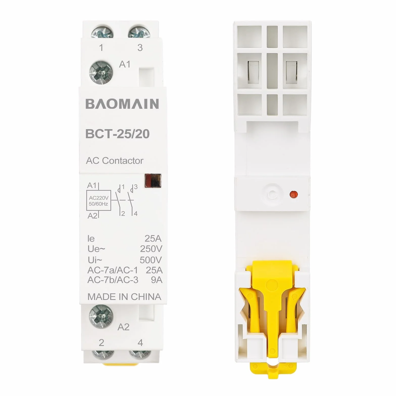 BAOMAIN Stycznik AC, 2-biegunowy 2NO, 25 A, AC 220 V Napięcie cewki, 35 mm Montaż na szynie DIN, zatwierdzony VDE, BCT-25/20
