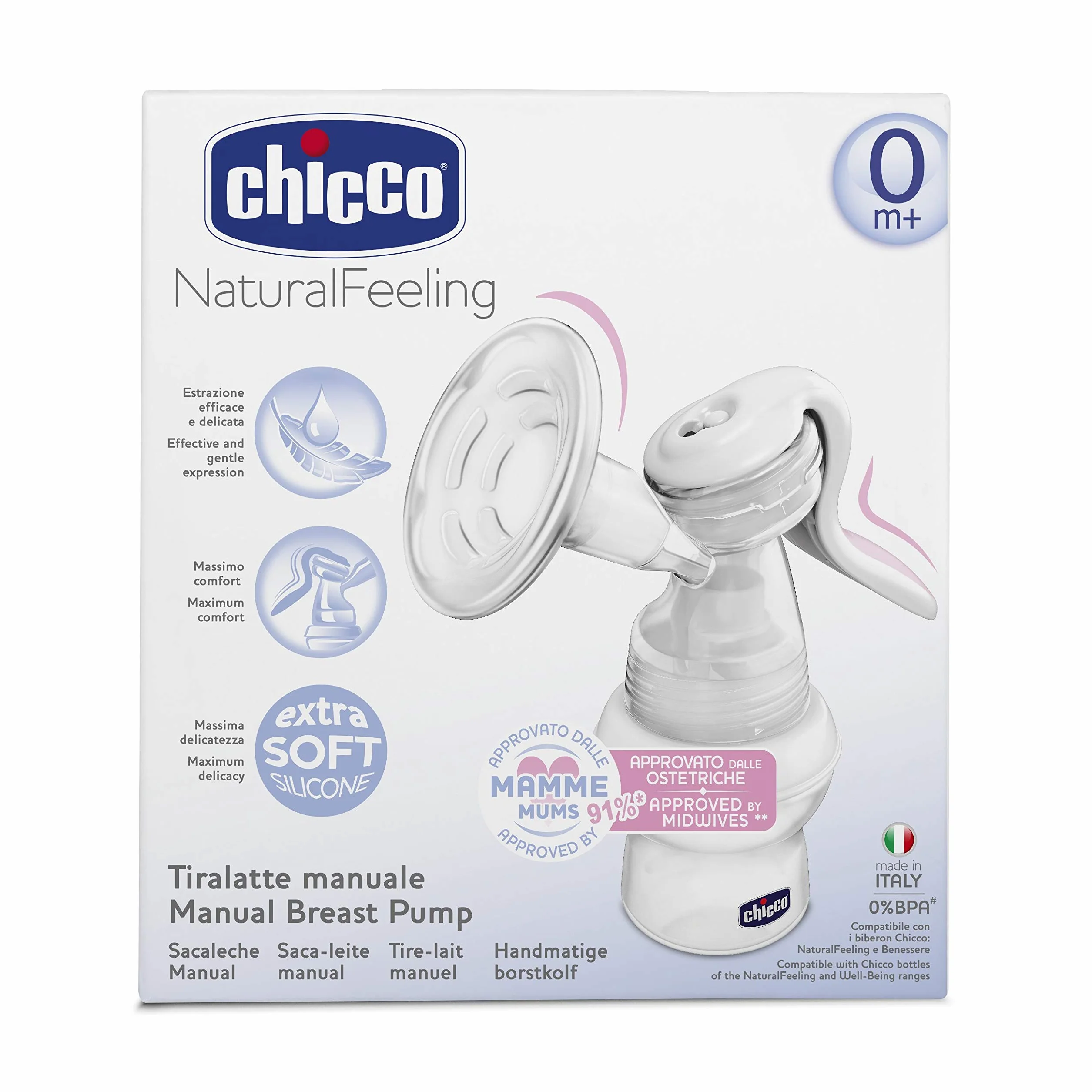 Chicco Laktator Manualny Natural Feeling, Wygodny i Szybki Laktator, Łatwe Odciąganie Mleka, Ergonomiczny Kształt, z Zakrzywionym Smoczkiem w Zestawie, z Pokrywką, Butelka dla Niemowląt - 150 ml