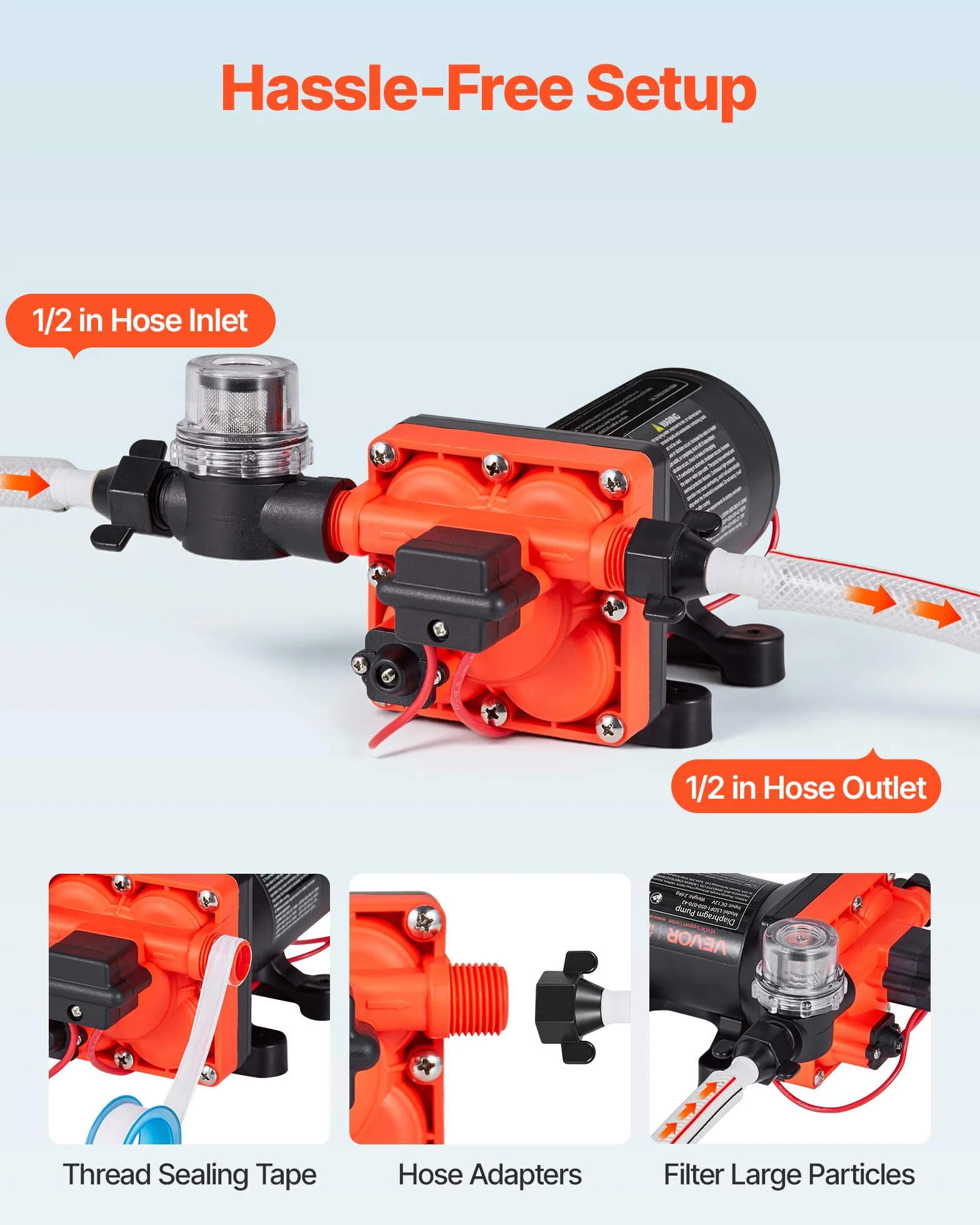VEVOR Pompa membranowa, 12 V DC, 18,9 l/min, samozasysająca 4-komorowa pompa wodna z automatycznym przełącznikiem ciśnieniowym, ciśnienie 4,8 bar, do przyczep kempingowych, statków, jachtów, myjni