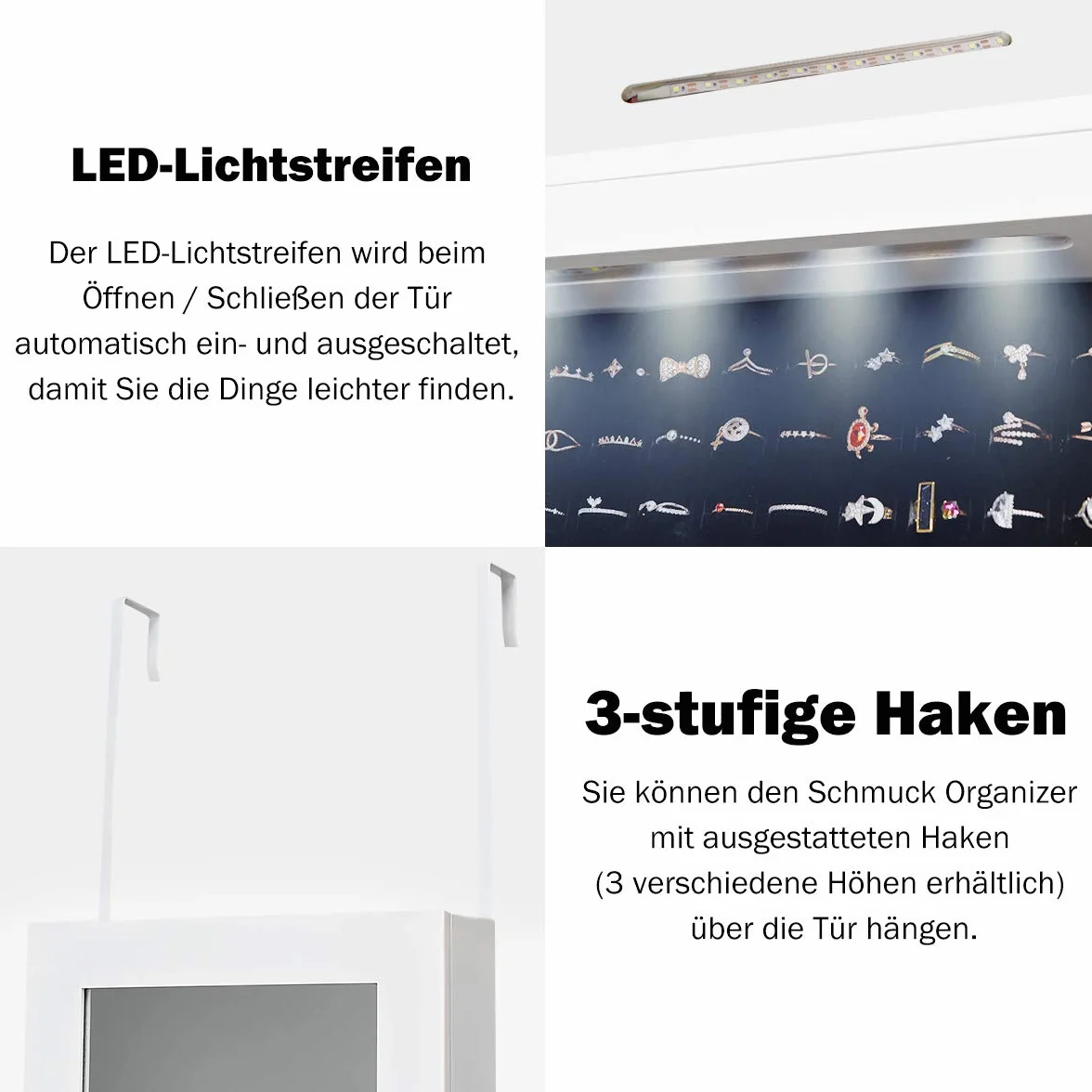 COSTWAY Szafka na biżuterię z oświetleniem LED, regał na biżuterię, montaż na drzwiach i ścianie, skrzynka na biżuterię z lustrem na całe ciało, szafka z lustrem na biżuterię, na pierścionki, haczyki