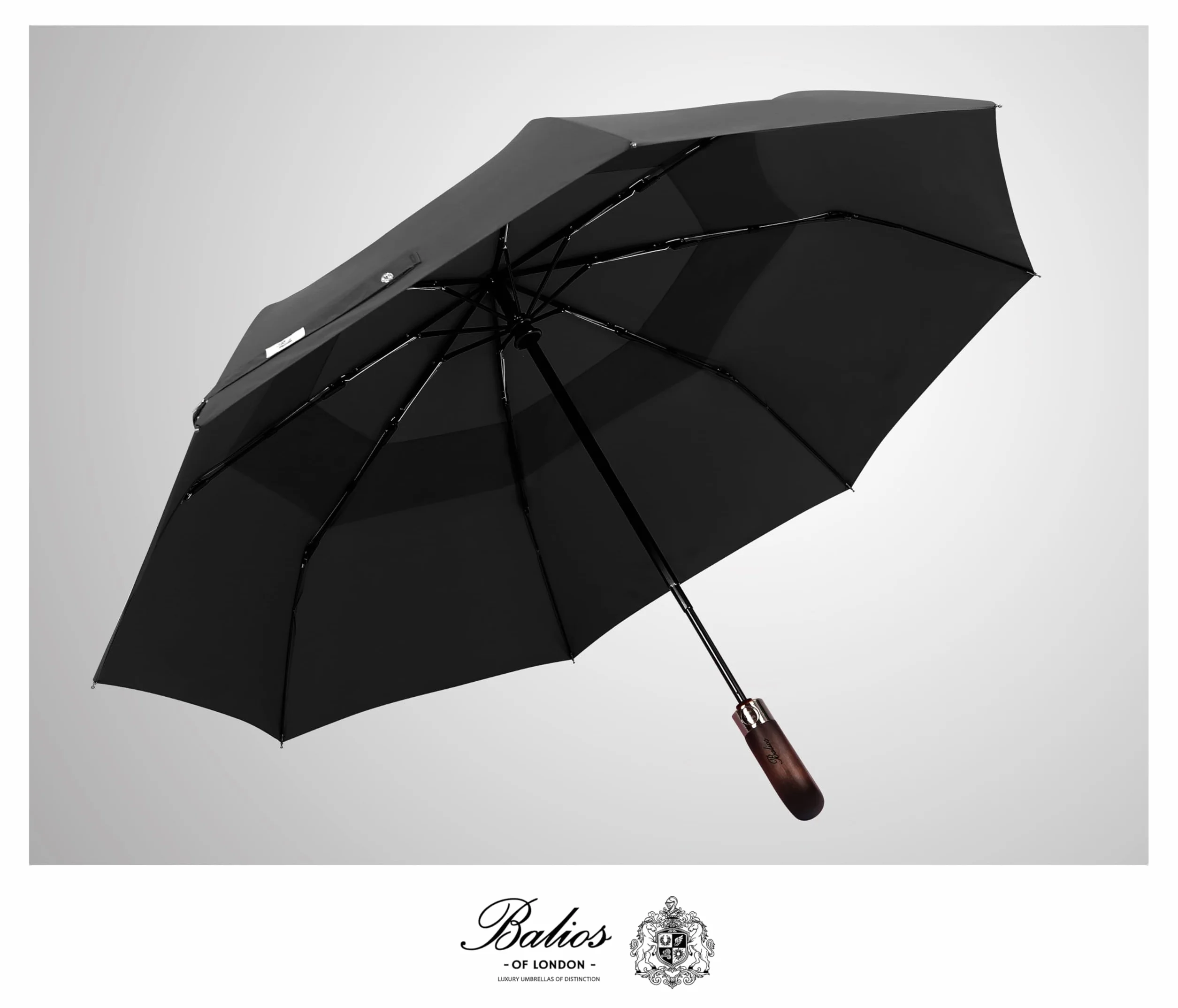 Balios® Parasol podróżny, uchwyt z prawdziwego drewna, automatyczne otwieranie i zamykanie, wentylowany podwójny dach wiatroszczelny, zaprojektowany w Wielkiej Brytanii