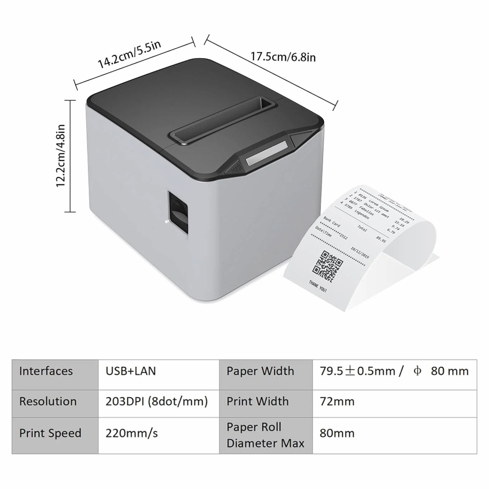 Bisofice Drukarka termiczna do paragonów 80 mm z ESC/POS, drukarka kasowa, obsługuje automatyczne cięcie (220 mm/s, port USB + port szeregowy Ethernet) (POS-8370)