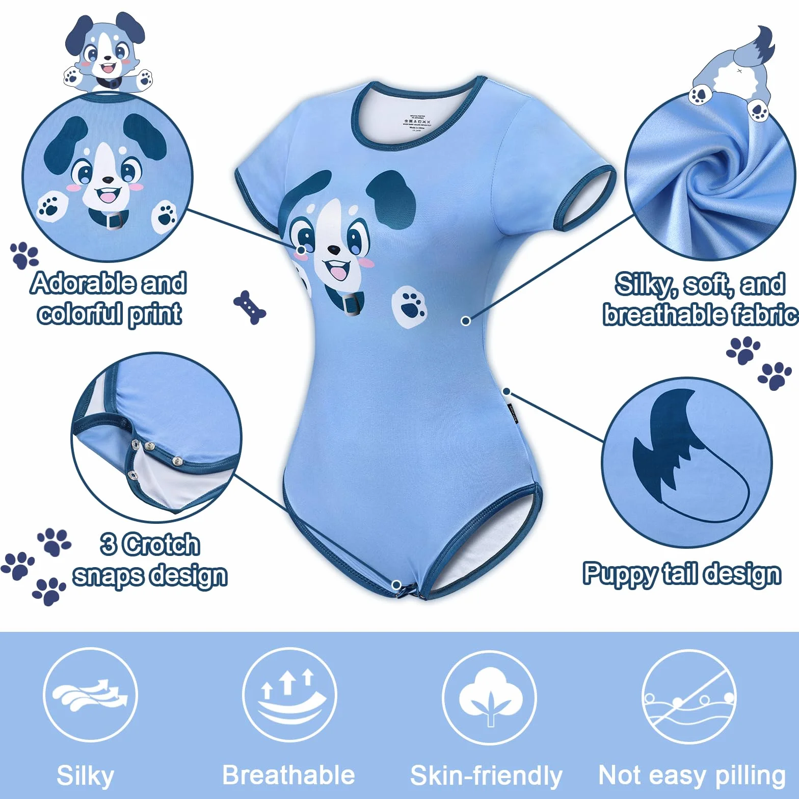 LittleForBig Jedwabisty kombinezon jednoczęściowa piżama body - Little Blue Onesie Body Pure Puppy Pattern