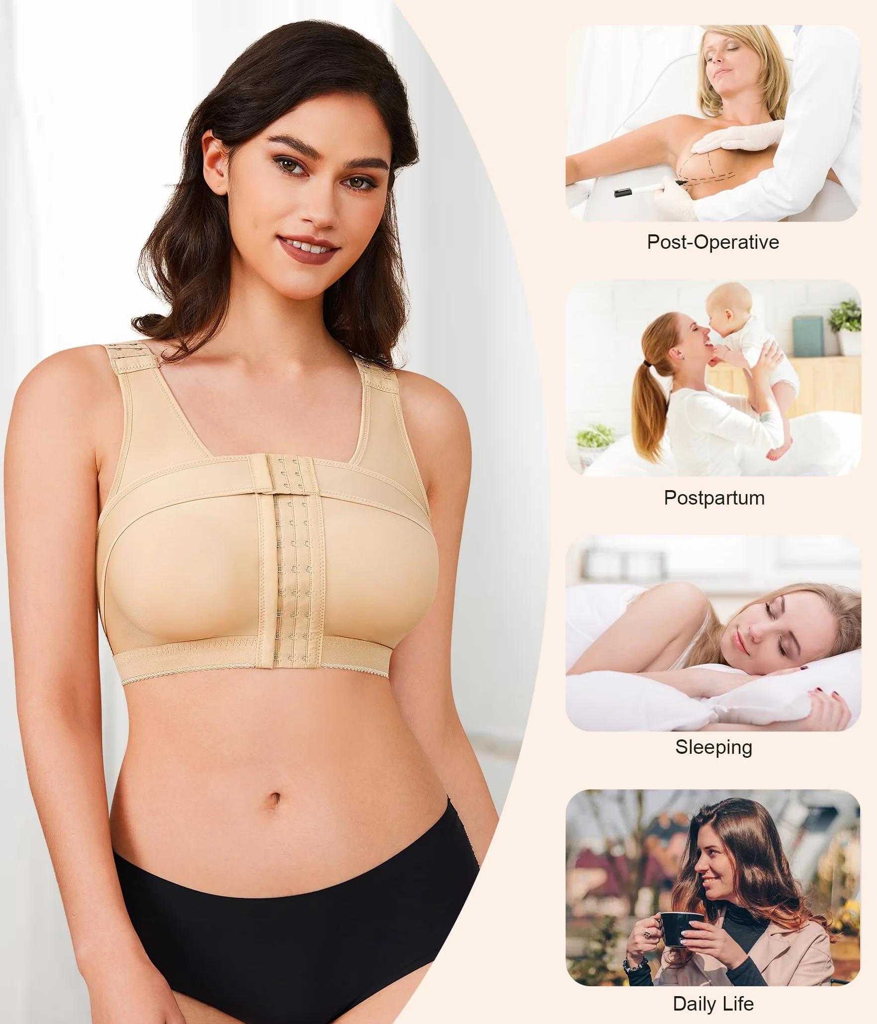 BRABIC Women's Front Closure Bra Post-Surgery Posture Corrector Shaper Tops with Breast Support Band (Beige, L)
