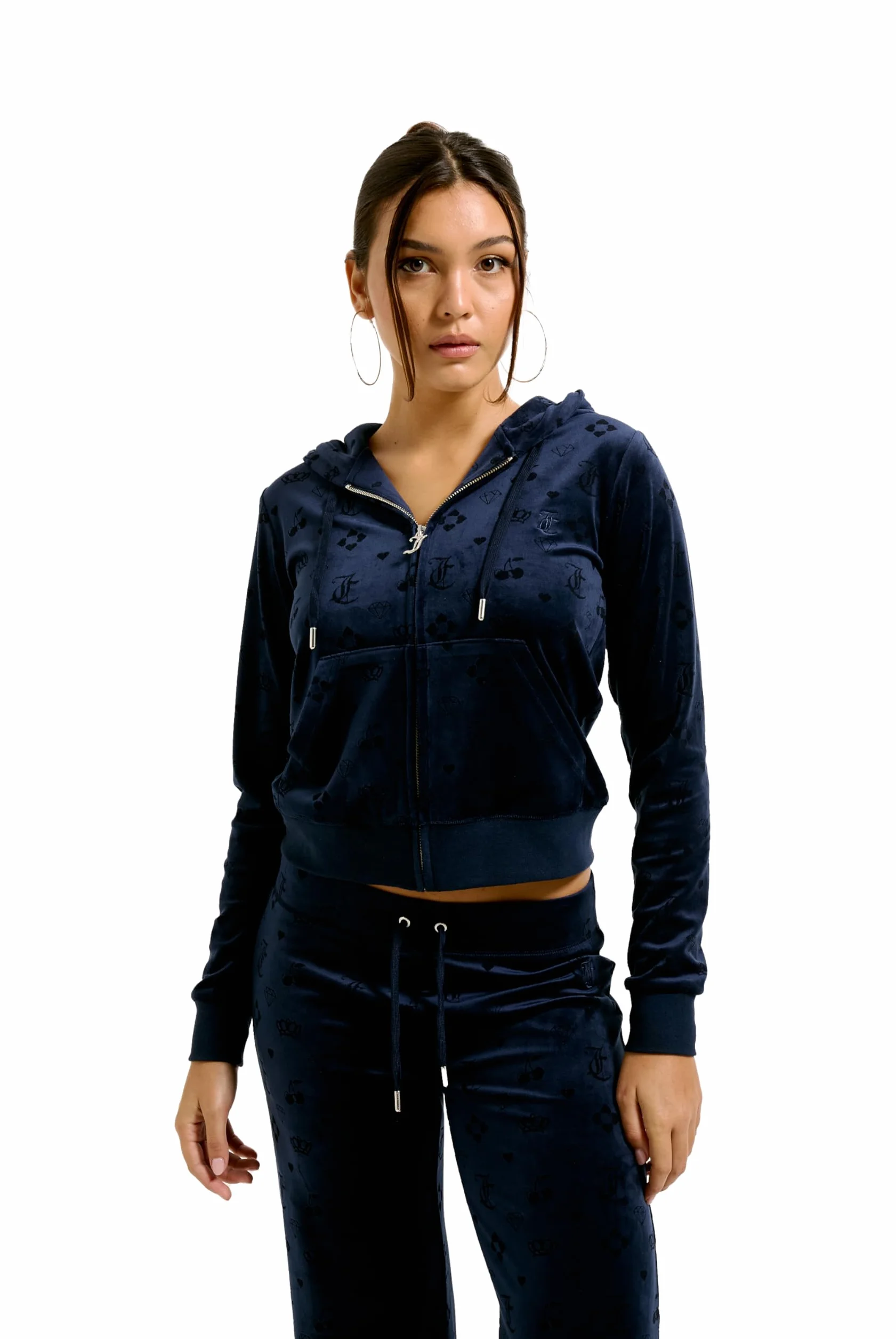 Juicy Couture Monogram Classic welurowa bluza z kapturem, Night Sky, XS