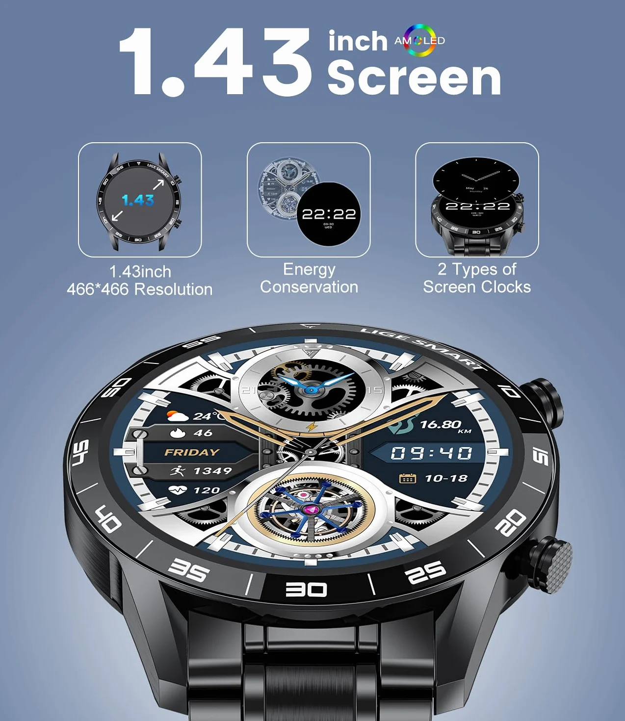 LIGE Smartwatch męski z funkcją telefonu i funkcją wspomagania głosu, wyświetlacz AMOLED 1,43", 109 trybów sportowych, zegarek fitness do systemu Android iOS, czarny