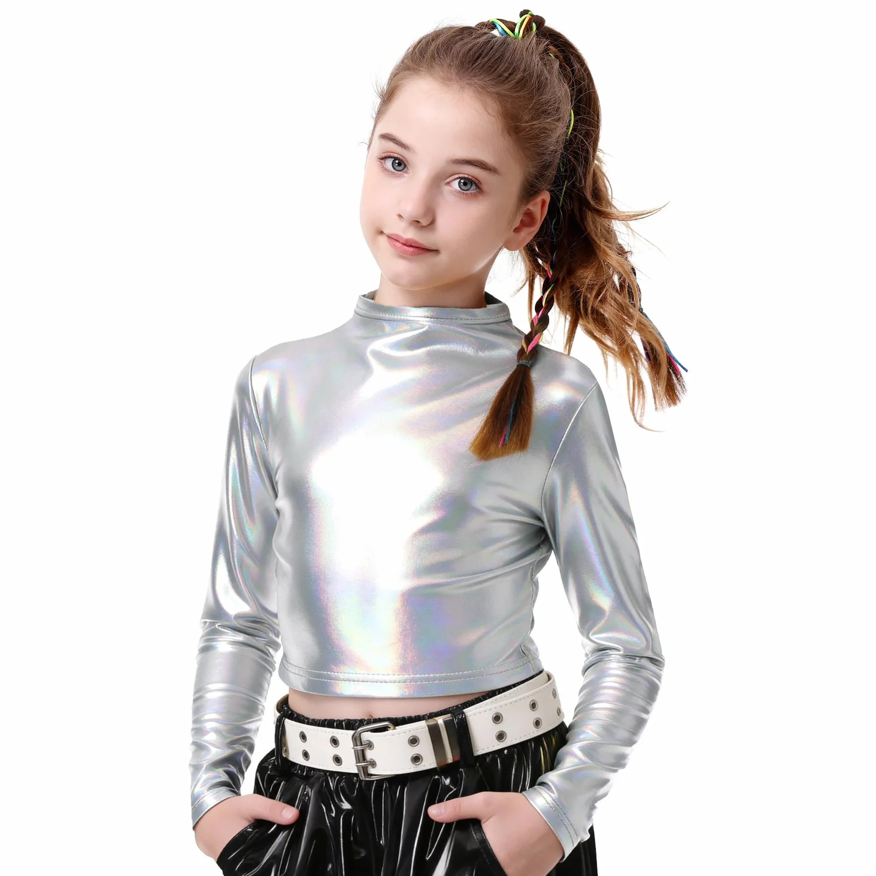 LOLANTA Dziewczęcy metaliczny top z golfem błyszczący taneczny do hiphopu