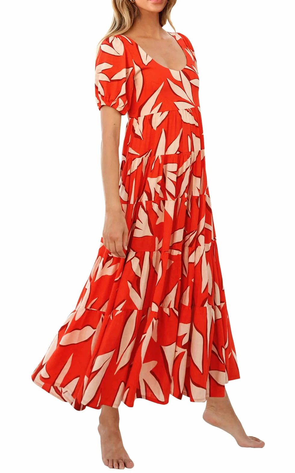 PRETTYGARDEN Short Sleeve Floral Maxi Dresses for Women 2025 Wedding Guest Summer Dress Flowy Beach Vacation Outfits (Orange White Flower,Large)