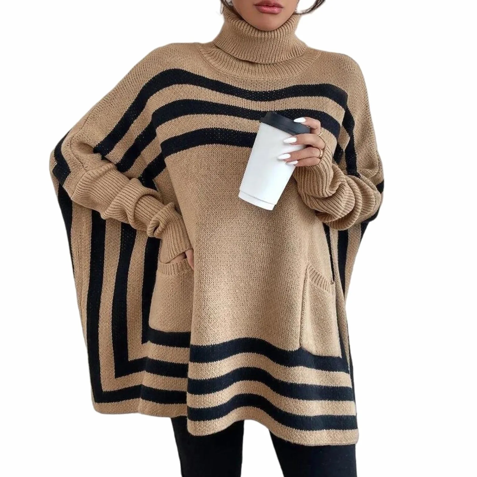 Dzianinowe Swetry Ponczo dla Kobiet Jesień Zima Pasiasty Golf Sweter Nietoperzowe RęKawy Oversize Sweter