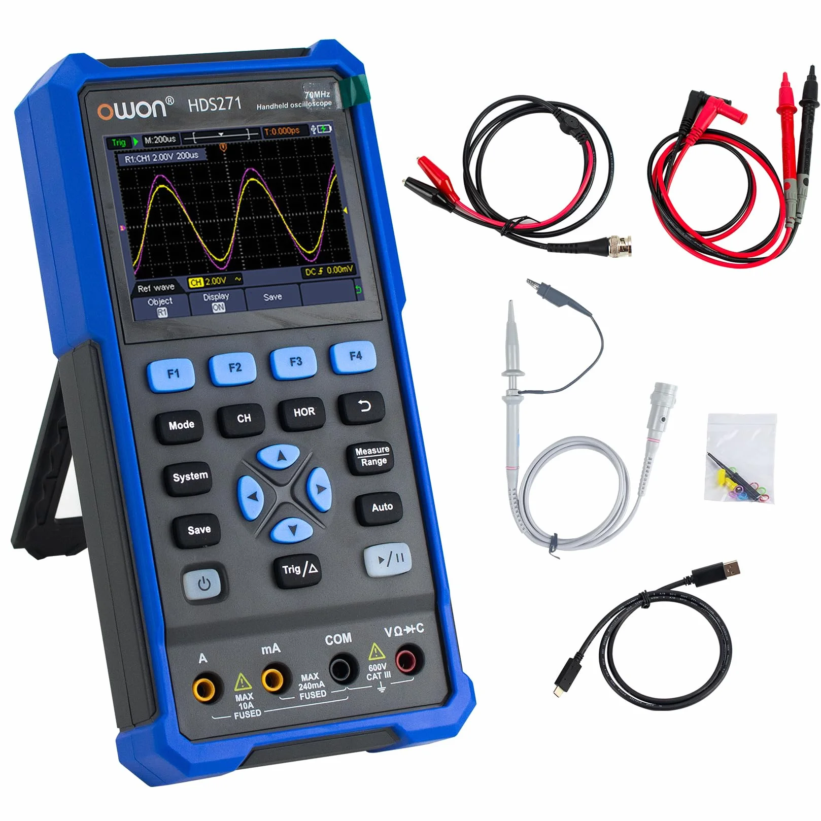 OWON HDS271 jednokanałowy oscyloskop ręczny, 3 w 1, 70 MHz, przenośny, cyfrowy, 24000 zliczeń z USB typu C i wyświetlaczem LCD 3,5 cala (oscyloskop + multimetr + generator