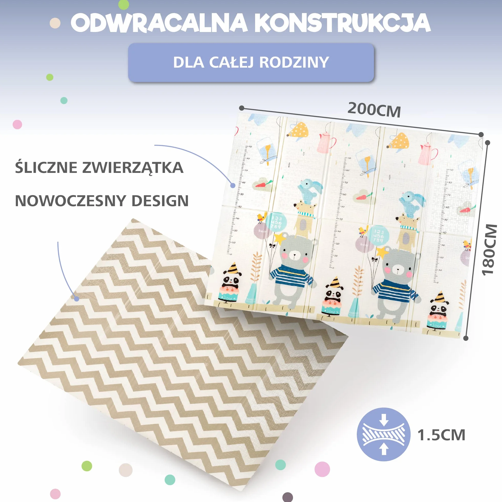 Sweety Fox Mata do zabawy dla niemowląt 180 x 200 x 1,5 cm, dwustronna, wyściełana, dla niemowląt i dorosłych, dywan do zabawy z pianki, składana