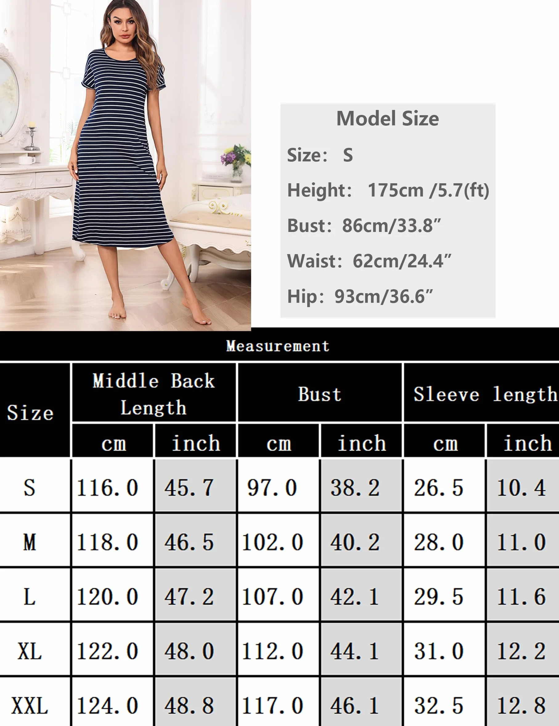 Litherday Damska koszula nocna długa bawełniana letnia z kieszeniami koszulka do spania w paski z krótkim rękawem miękka wygodna i chłodna do domu i spania plus size S-XXL