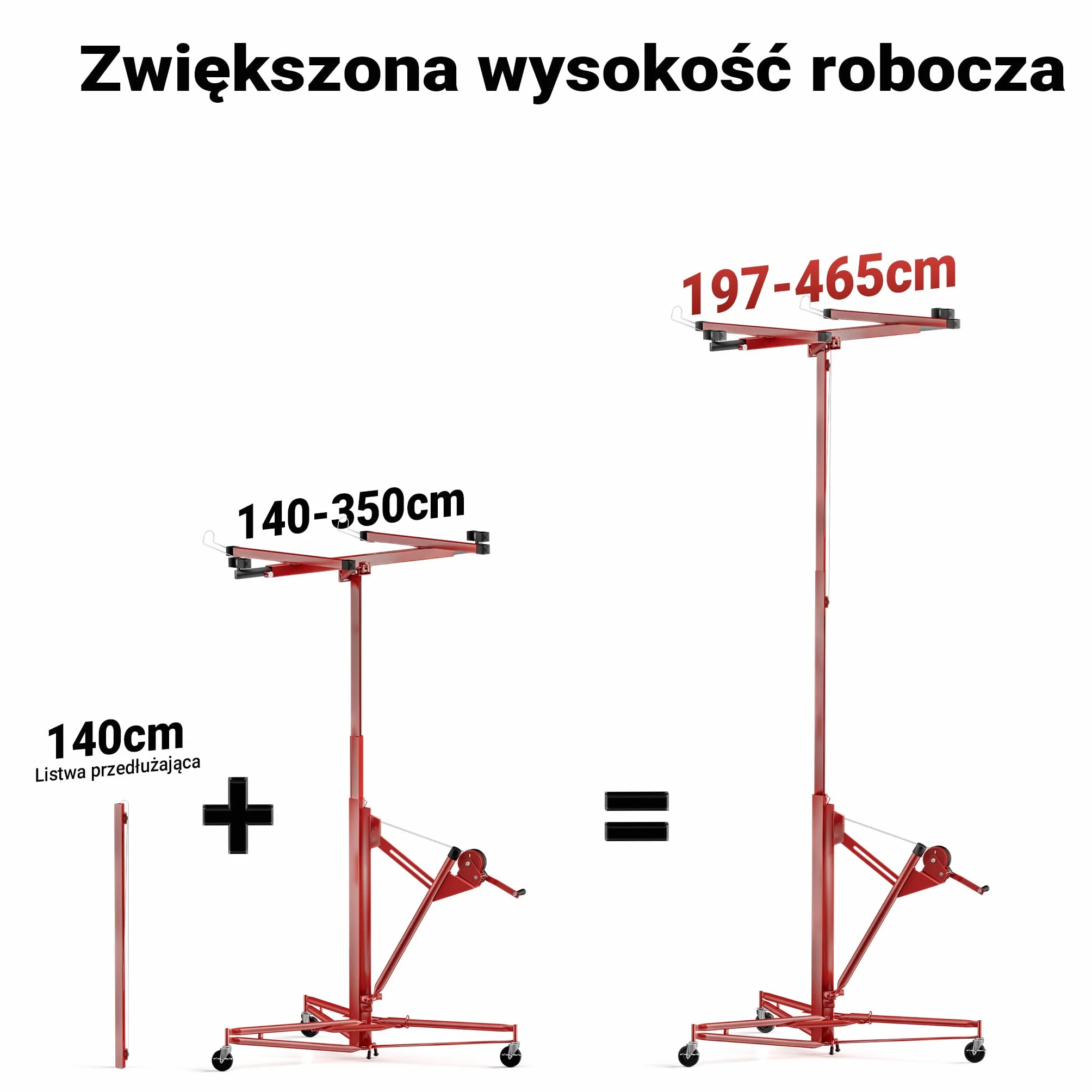 Przedłużenie Wiltec 140 cm do podnośnika do płyt XXL do maks. 68 kg, pomoc montażowa do płyt gipsowo-kartonowych, podnośnik do płyt gipsowo-kartonowych z 3 kółkami, czerwony