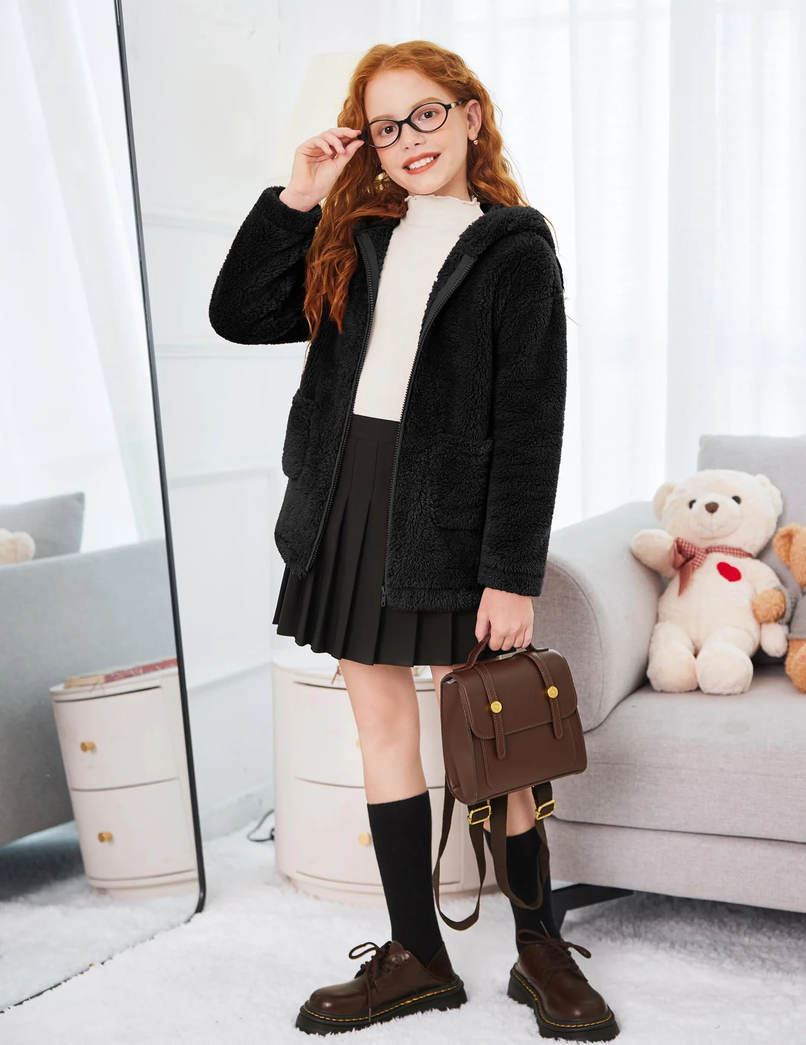 Arshiner Dziewczęca bluza z kapturem z zamkiem Sherpa polarowa kurtka dziecięca z długim rękawem bluza jesienno-zimowa ciepłe płaszcze dziecięce z kieszeniami 5-13 lat