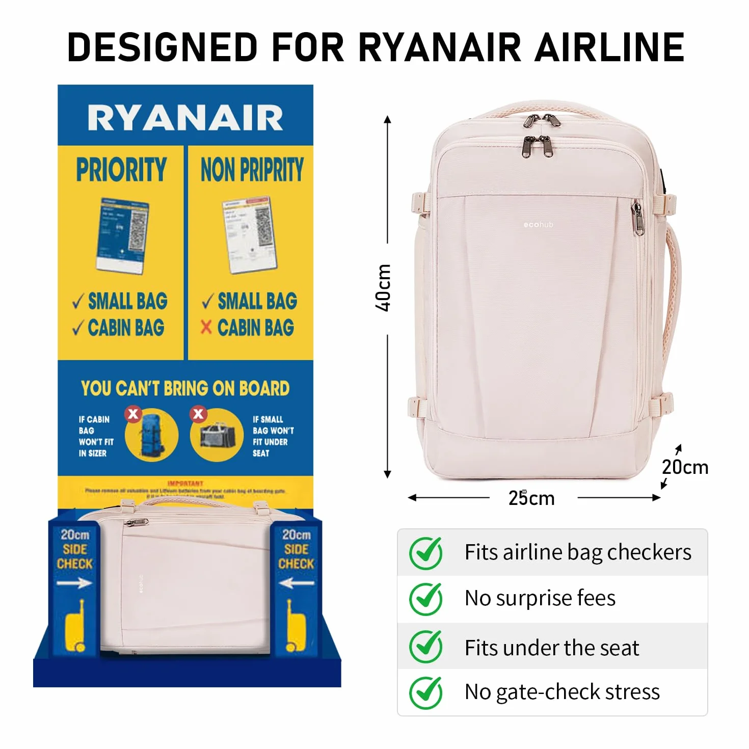 ECOHUB Ryanair Bagaż Podręczny 40x20x25, 20L Lekki Plecak Podróżny do Samolotu, Wodoodporny Torby Kabinowe, Recykling PET Torby Podręczne, Plecak na co dzień, Torba kabinowa Damski Męski(Beżowy)