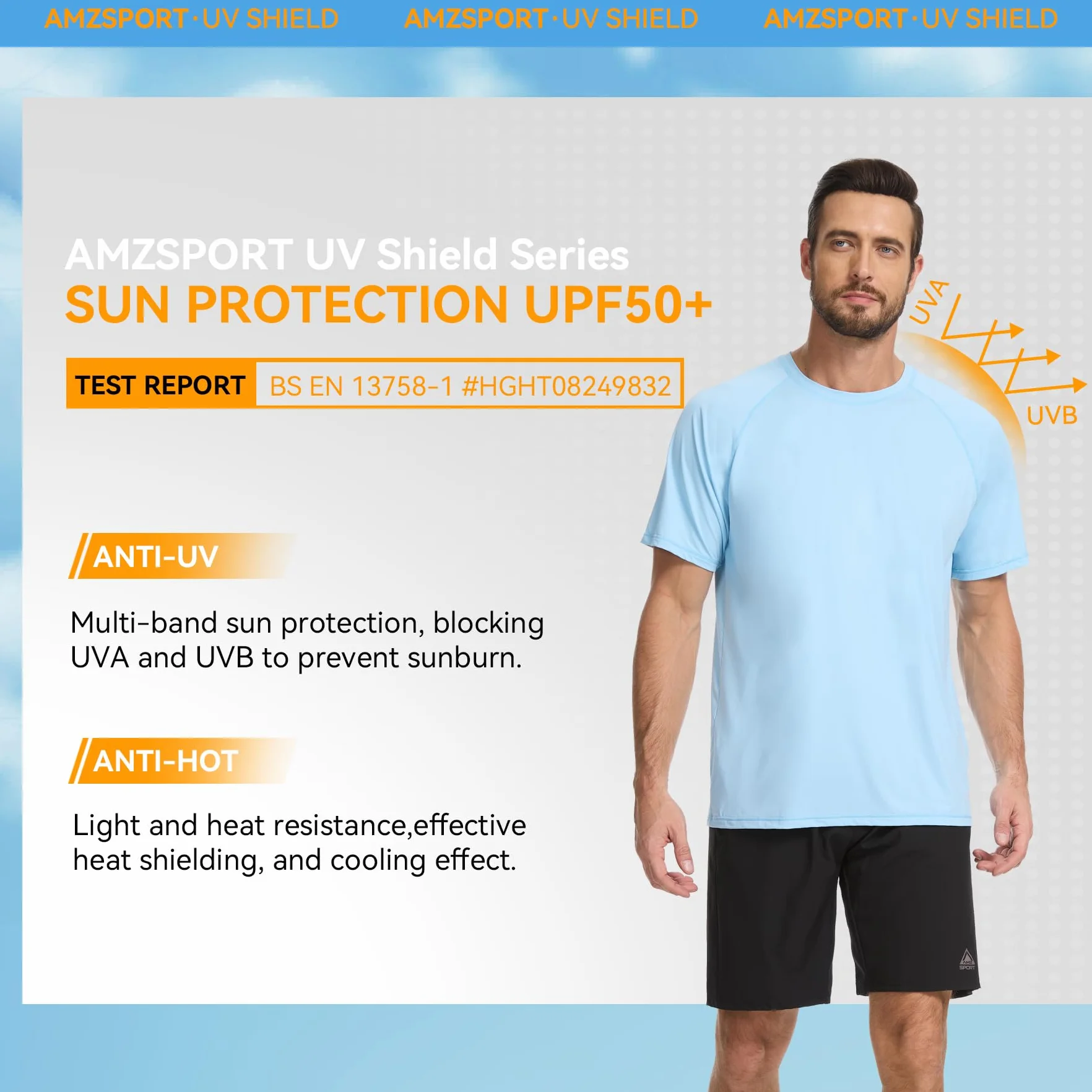AMZSPORT Męska koszulka UV Rashguard UPF 50 z długim i krótkim rękawem, ochrona przed słońcem, oddychająca, szybkoschnąca do wędkowania i surfowania