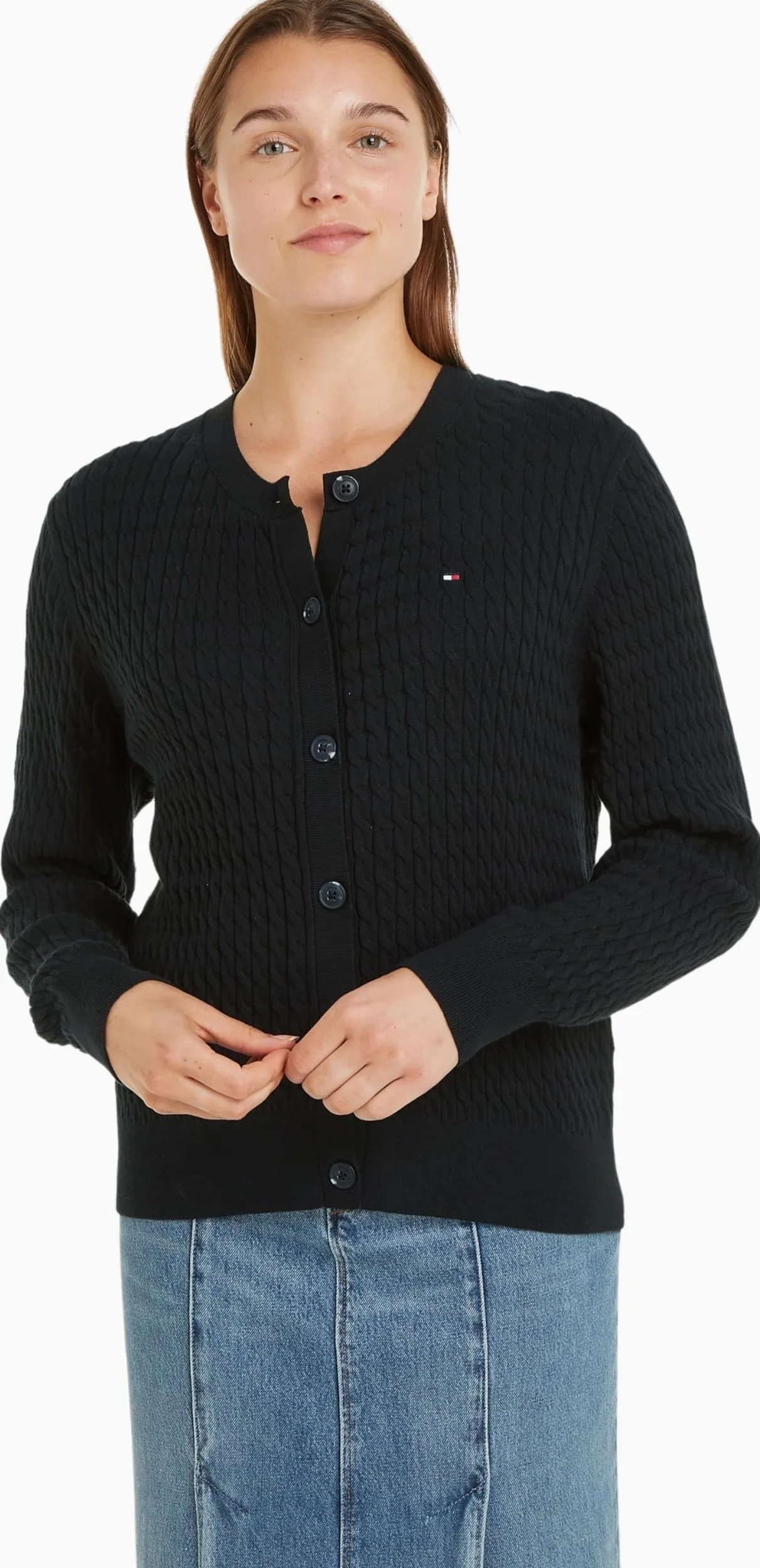 Tommy Hilfiger Damski sweter kardigan CO Cable C-NK, czarny, XXS, Czarny, XXS