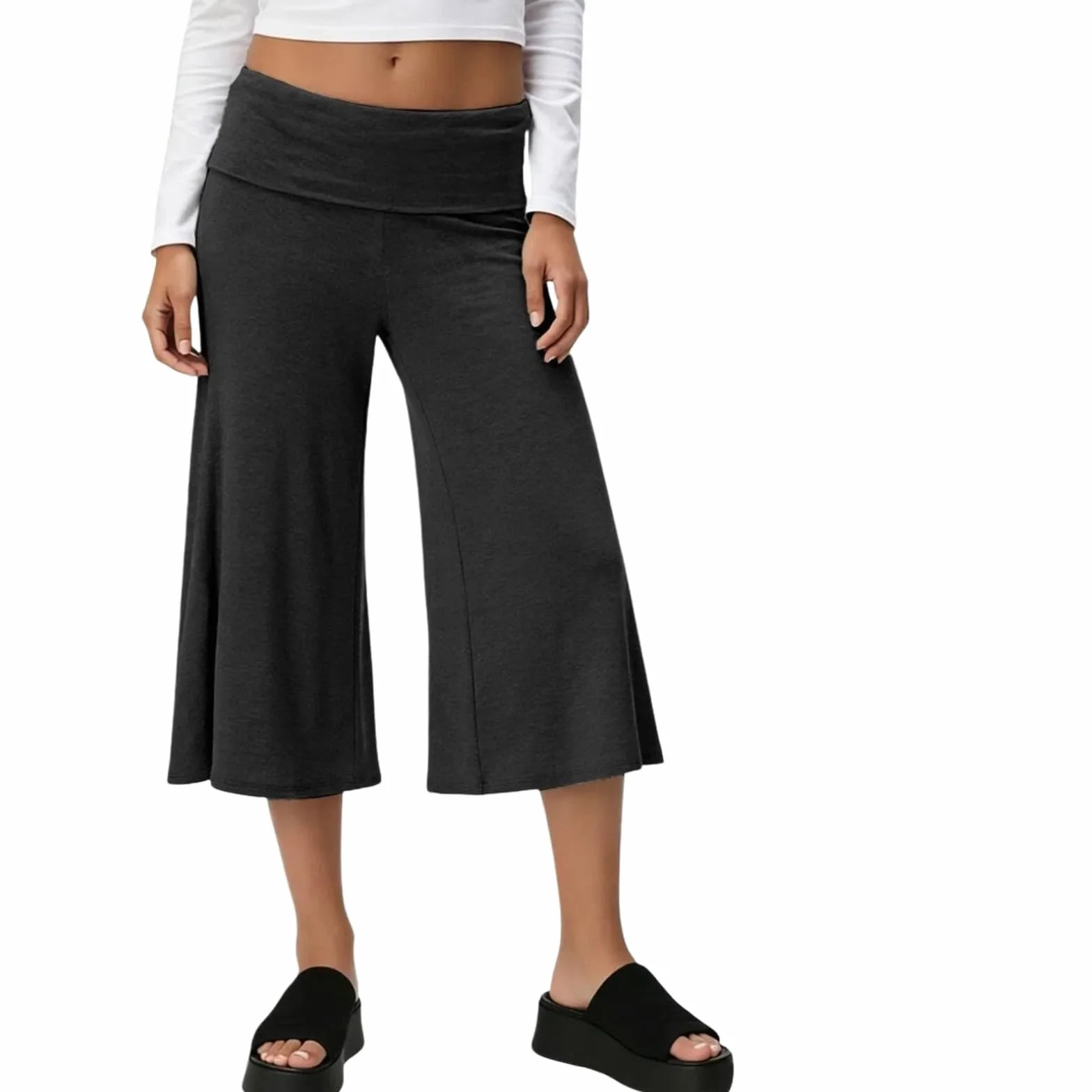 Gaucho spodnie damskie składane przycięte spodnie capri rozciągliwe niski stan szerokie nogawki joga palazzo zwiewne spodnie culotte casual luźne spodnie capri