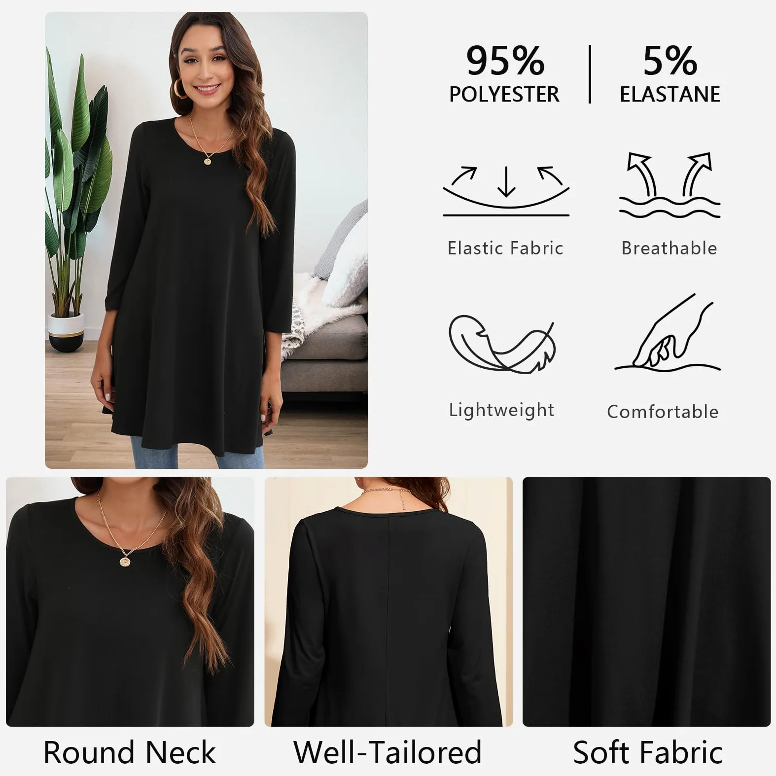 Enmain Damska tunika na co dzień topy z długim rękawem damska długa tunika bluzka koszule okrągły dekolt plus size tuniki sukienka pływająca koszulka dla kobiet, S-3XL