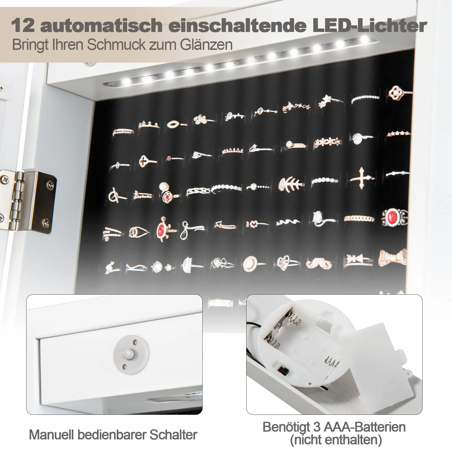 COSTWAY Szafka na biżuterię z lustrem 2w1, zamykana, LED, biała