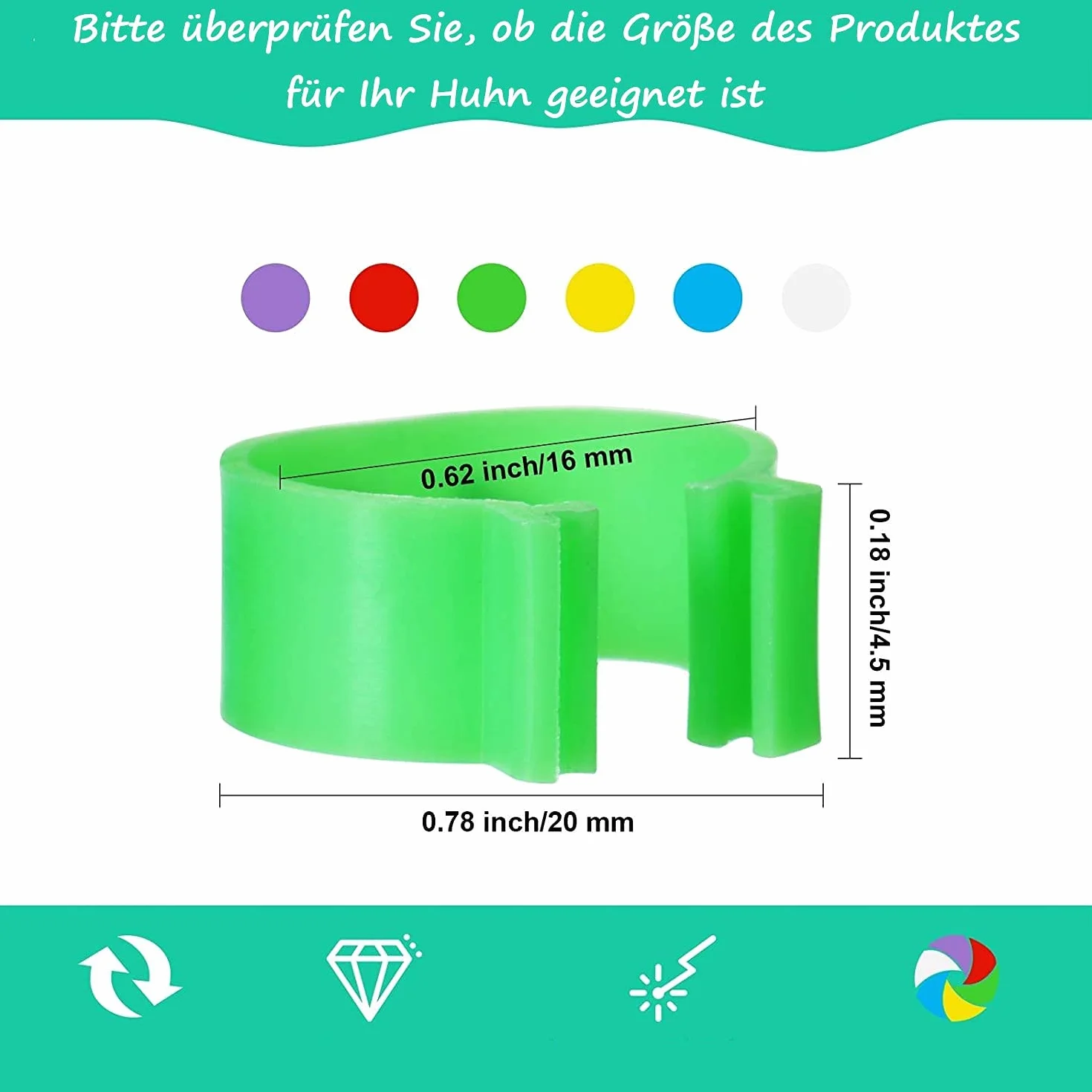 Voarge 60 sztuk plastikowych pierścieni na nogi dla kur, kaczek, kur, gołębi, małych zwierząt, 6 kolorów, łatwe do rozróżnienia