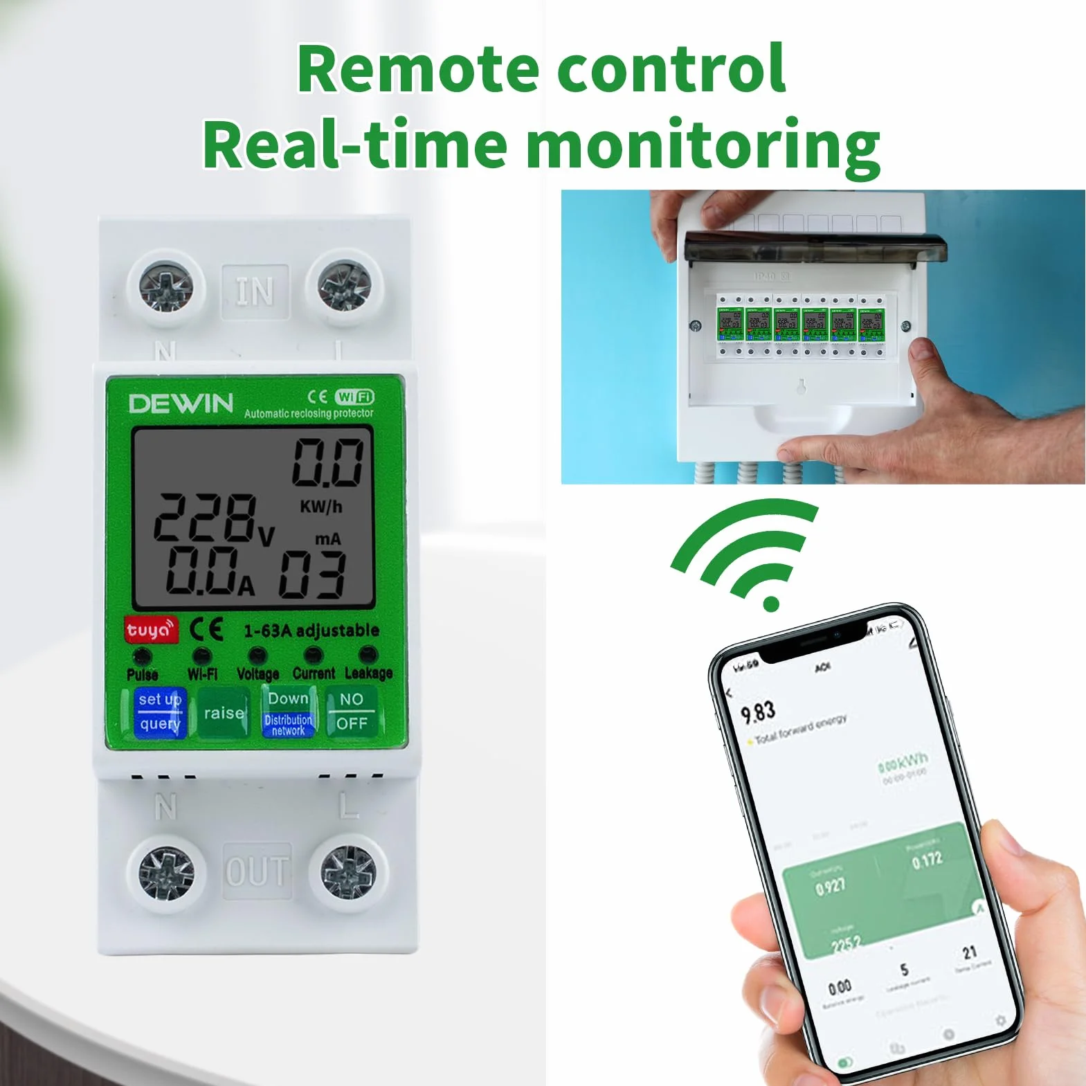 DEWIN inteligentny miernik, inteligentny miernik energii WiFi, licznik elektryczny, wyłącznik czasowy, wyłącznik z ochroną przed przepięciem i przepięciem 2P 63A AC 80-300V