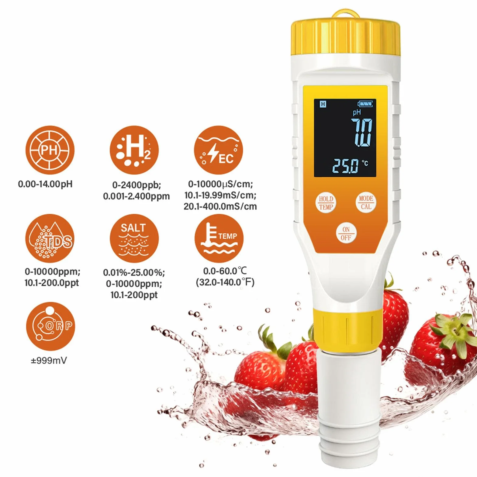 Tnfeeon Tester Wody Wodoru, Miernik PH 7 w 1 H2/TDS/EC/ORP/SALT/TEMP z Podświetleniem ATC, Tester Wodorowy dla Filtrowanej Wody, Miernik TDS dla Soku, Kawy, roślin.