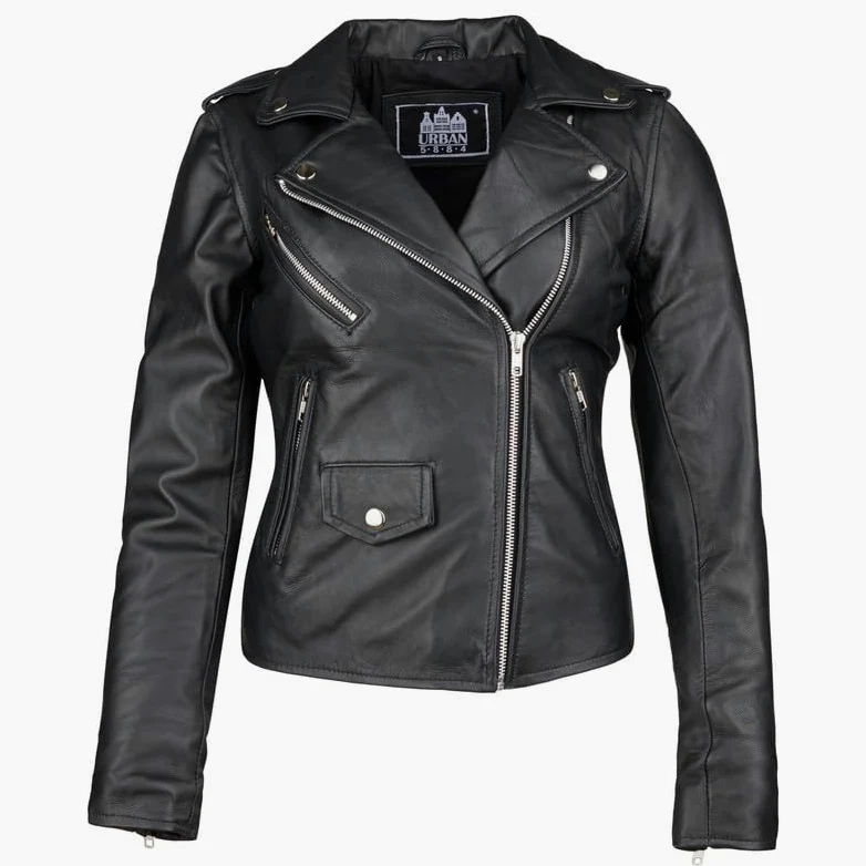 URBAN 5884 Damska kurtka skórzana z prawdziwej skóry jagnięcej, kurtka motocyklowa Amy Slim Fit, asymetryczny zamek błyskawiczny, miękka skóra, czarna, czarny, 5XL
