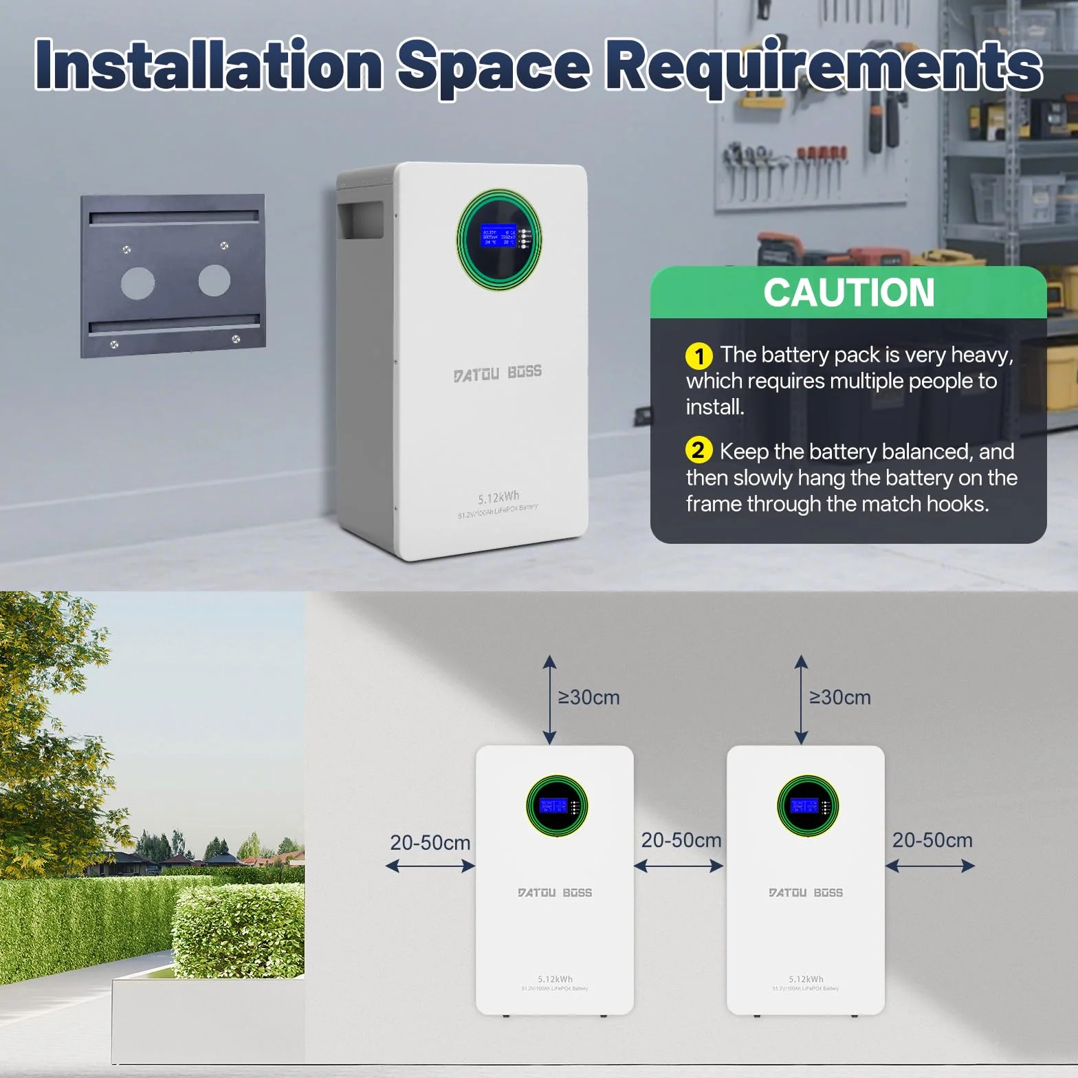 DATOUBOSS Akumulator LiFePO4 48V 100Ah 5,12kWh, 8000+ cykli, litowa bateria magazynująca energię z BMS, montaż na ścianie, RS485/CAN, możliwość rozbudowy równoległej, do instalacji PV, off-grid, domu
