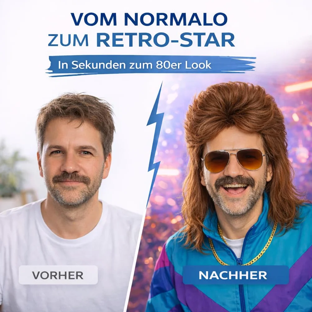 Kostümheld® Vokuhila Assi Peruka męska jako dodatek do kostiumu Vokuhila w stylu retro z lat 80-tych i 90. karnawałowych
