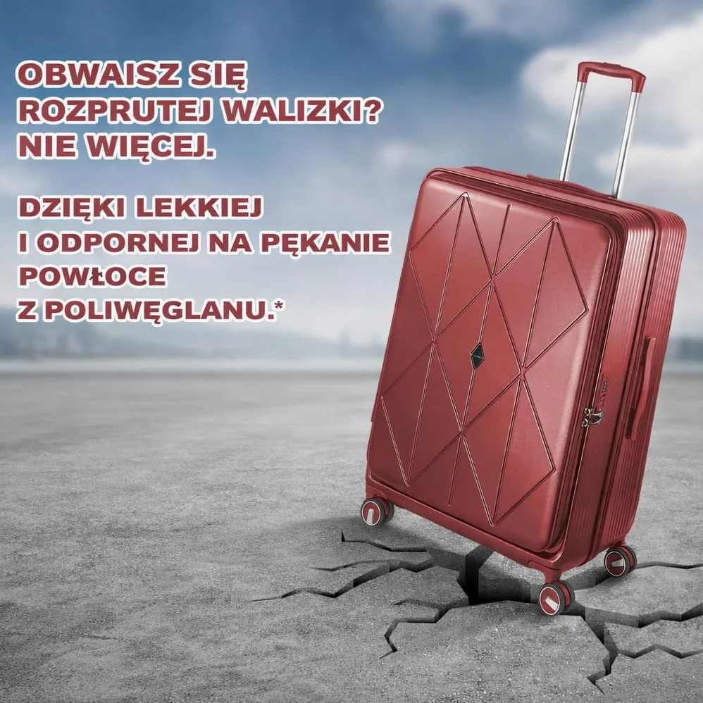 Zestaw 3 walizek z twardego poliwęglanu, specjalny system otwierania z przodu z przegródką organizera, możliwość rozszerzenia, 51 61 71 cm, zamek szyfrowy TSA, podwójne kółka 360 stopni