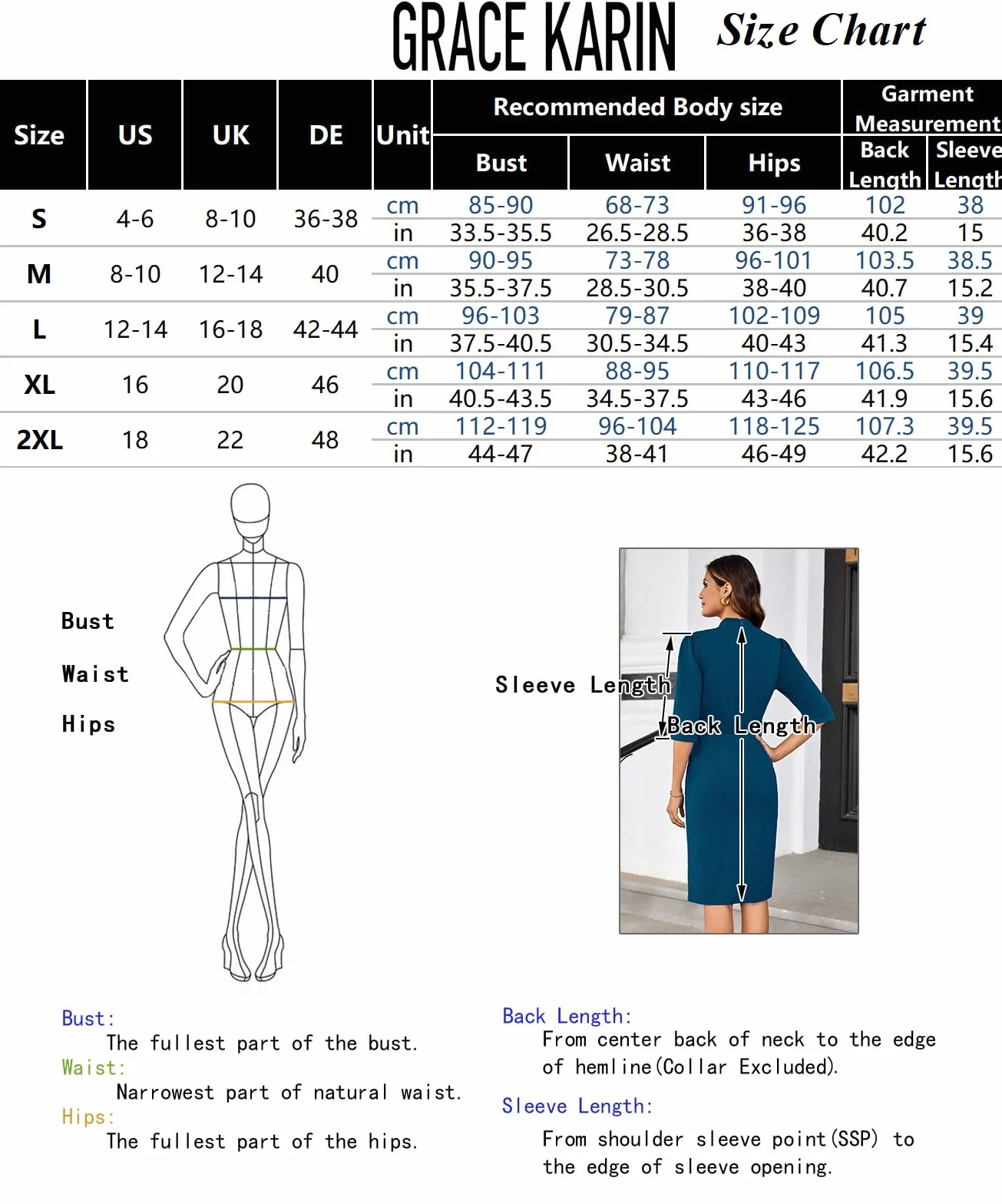 GRACE KARIN Damska sukienka koktajlowa slim fit z dekoltem w serek, rękawy 3/4
