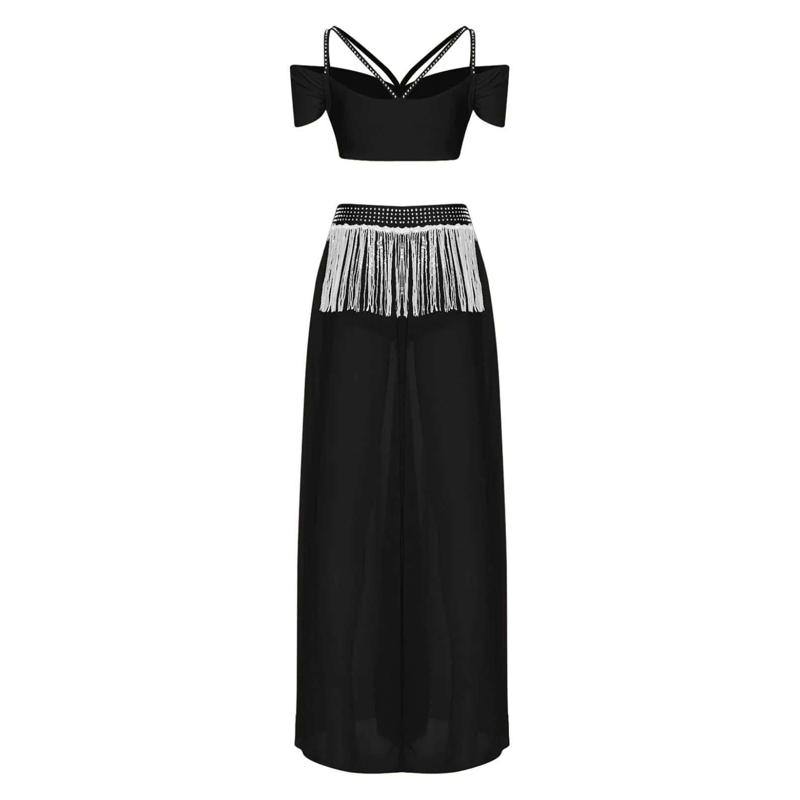 Damski strój do tańca brzucha Cold Shoulder Crop Top z frędzlami spódnica z wysokim rozcięciem