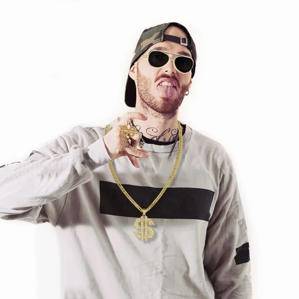 Zestaw kostiumowy hip-hopowy w stylu lat 80., złoty dolar, łańcuszek i złota bransoletka, pierścień, okulary, osobowość, hip-hop, kostium dla mężczyzn, lat 80-tych, 90., kostium rapera, na